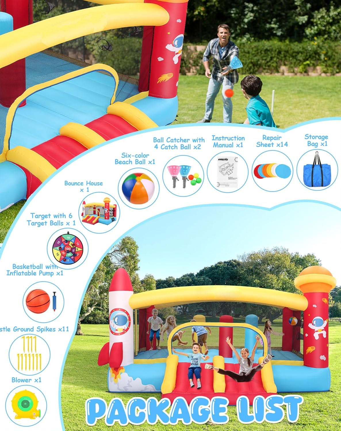 KRISRATE Large Inflatable Bounce House 13×11FT, Bouncy Castle with Double Slide, Basketball Hoops & Obstacle Course, Big Jump Area with 550W Blower