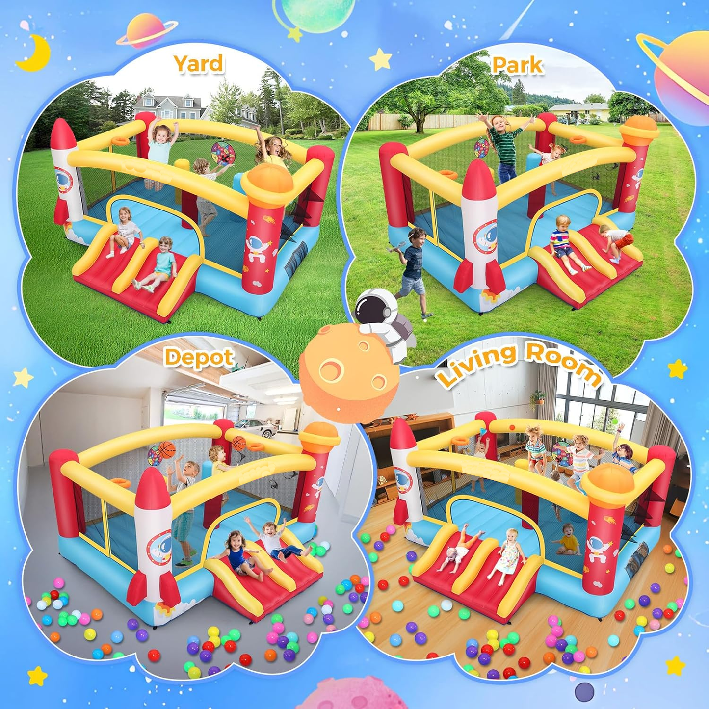 KRISRATE Large Inflatable Bounce House 13×11FT, Bouncy Castle with Double Slide, Basketball Hoops & Obstacle Course, Big Jump Area with 550W Blower
