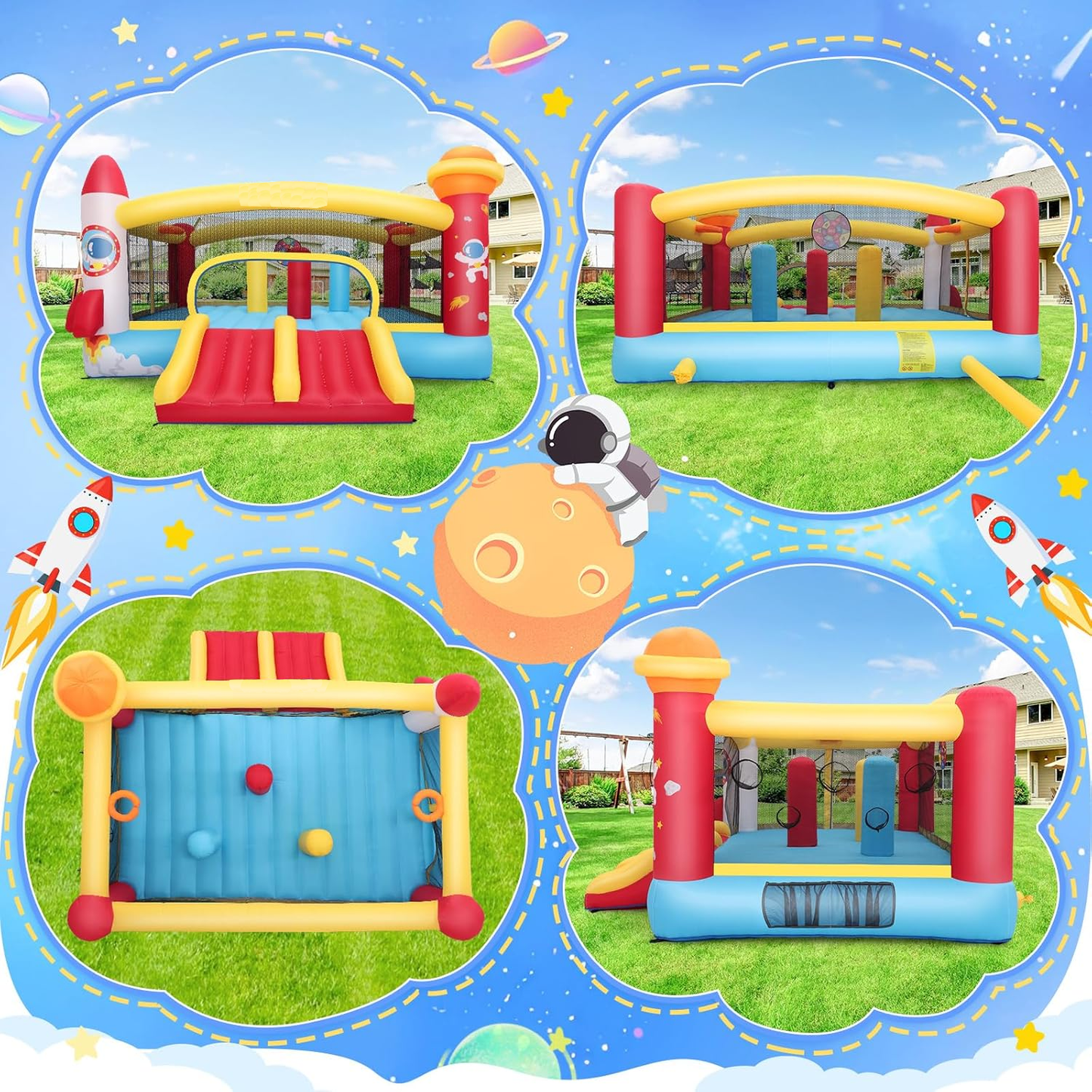 KRISRATE Large Inflatable Bounce House 13×11FT, Bouncy Castle with Double Slide, Basketball Hoops & Obstacle Course, Big Jump Area with 550W Blower
