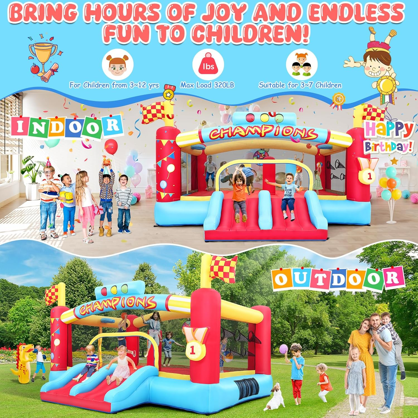 KRISRATE 13FT Large Inflatable Bounce House, Champion Theme Bouncy Castle with Blower, 2 Basketball Hoop, 2 Slide, Obstacle Poles & Target Toss Games