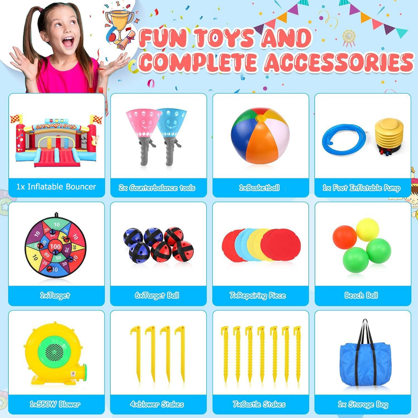 KRISRATE 13FT Large Inflatable Bounce House, Champion Theme Bouncy Castle with Blower, 2 Basketball Hoop, 2 Slide, Obstacle Poles & Target Toss Games