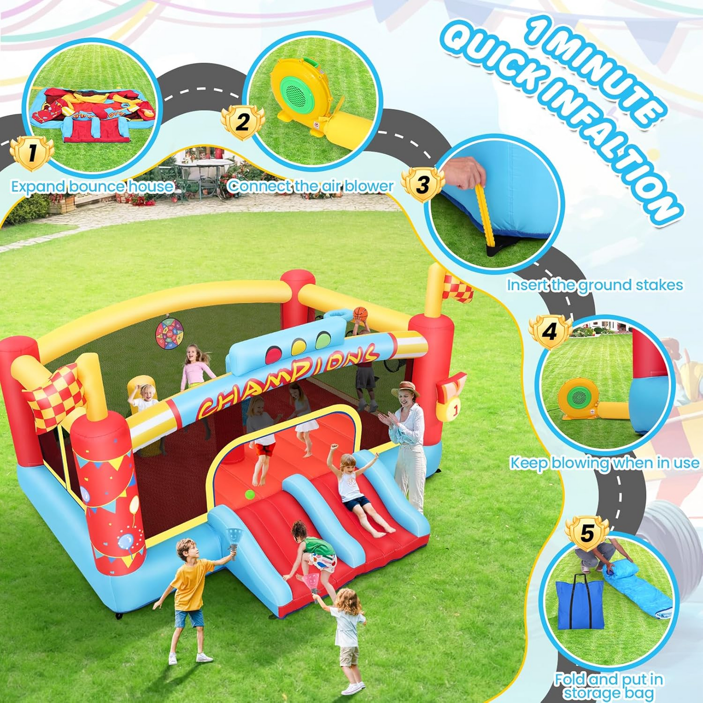 KRISRATE 13FT Large Inflatable Bounce House, Champion Theme Bouncy Castle with Blower, 2 Basketball Hoop, 2 Slide, Obstacle Poles & Target Toss Games