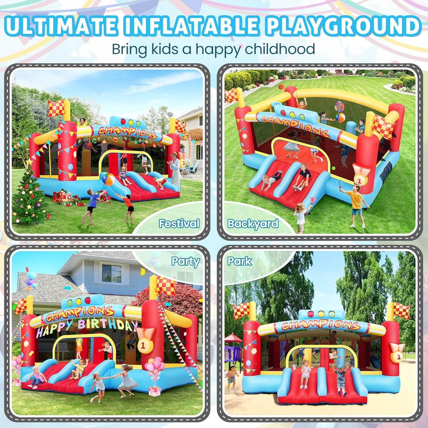 KRISRATE 13FT Large Inflatable Bounce House, Champion Theme Bouncy Castle with Blower, 2 Basketball Hoop, 2 Slide, Obstacle Poles & Target Toss Games
