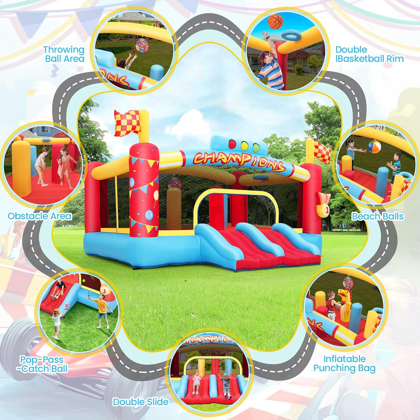 KRISRATE 13FT Large Inflatable Bounce House, Champion Theme Bouncy Castle with Blower, 2 Basketball Hoop, 2 Slide, Obstacle Poles & Target Toss Games