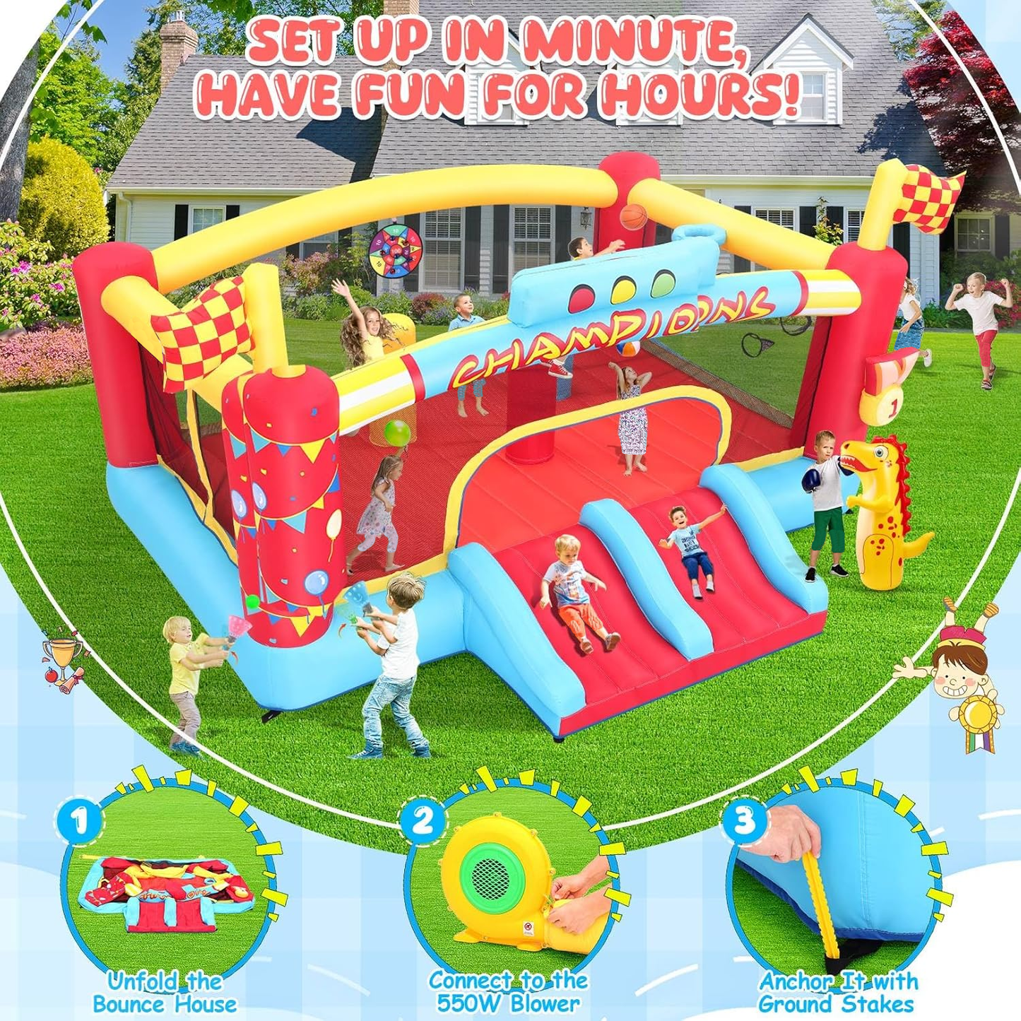 KRISRATE 13FT Large Inflatable Bounce House, Champion Theme Bouncy Castle with Blower, 2 Basketball Hoop, 2 Slide, Obstacle Poles & Target Toss Games