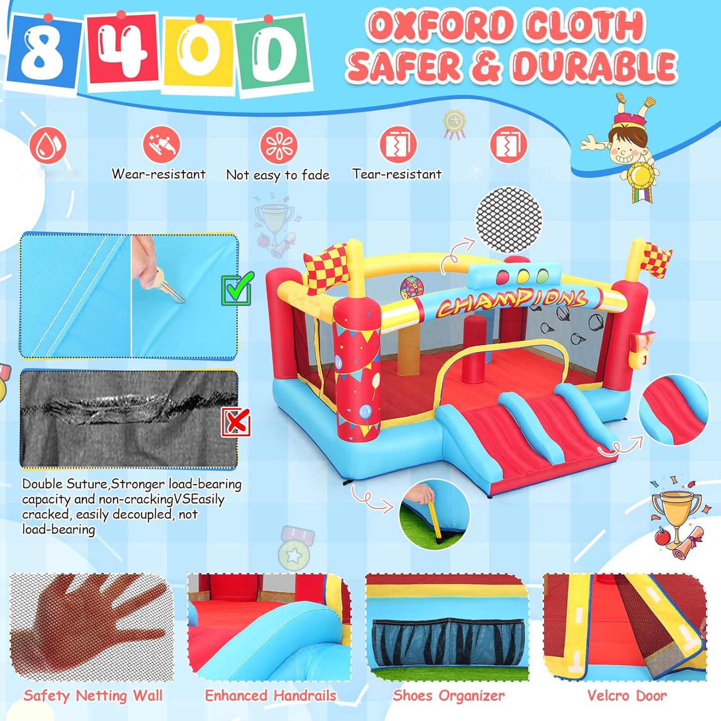 KRISRATE 13FT Large Inflatable Bounce House, Champion Theme Bouncy Castle with Blower, 2 Basketball Hoop, 2 Slide, Obstacle Poles & Target Toss Games