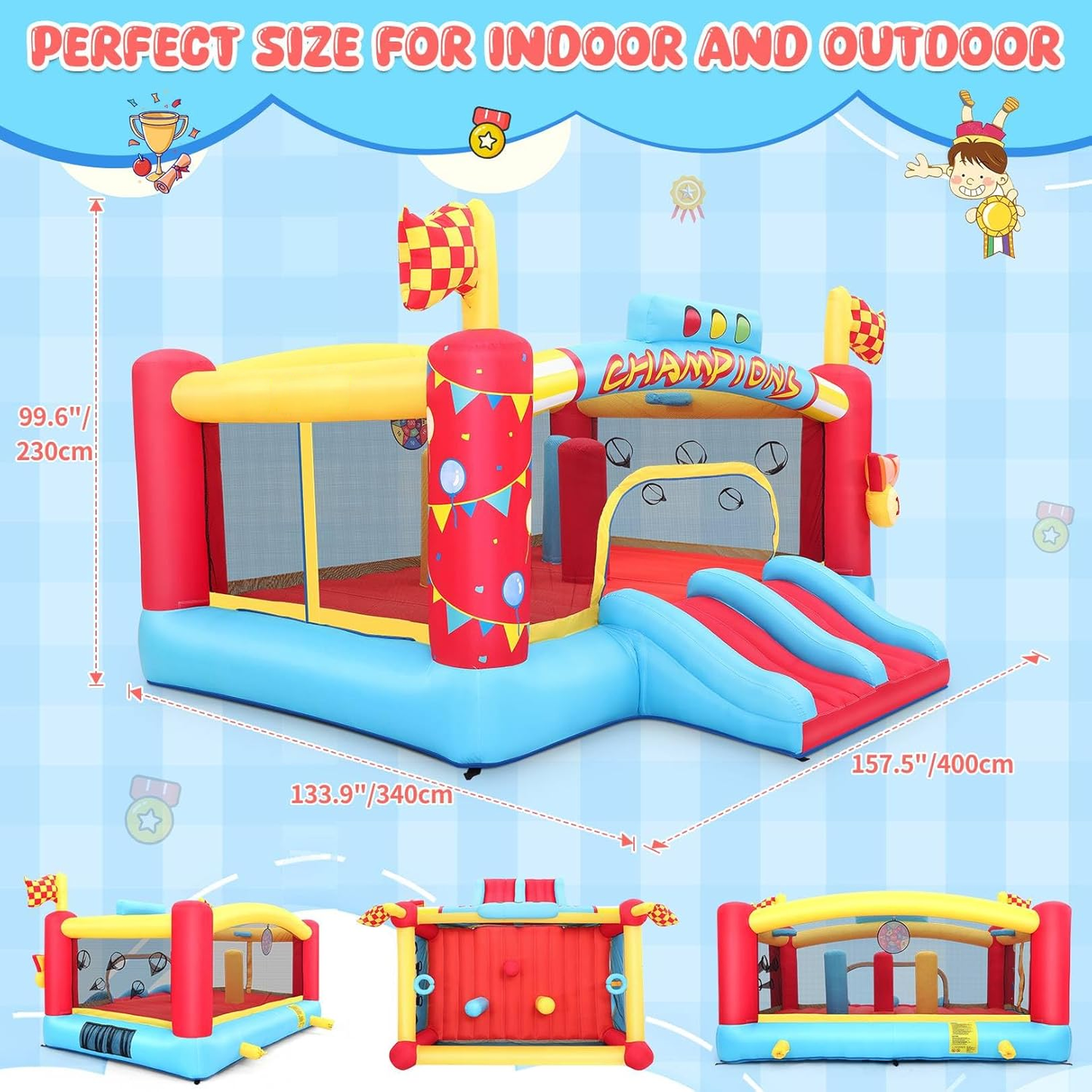 KRISRATE 13FT Large Inflatable Bounce House, Champion Theme Bouncy Castle with Blower, 2 Basketball Hoop, 2 Slide, Obstacle Poles & Target Toss Games
