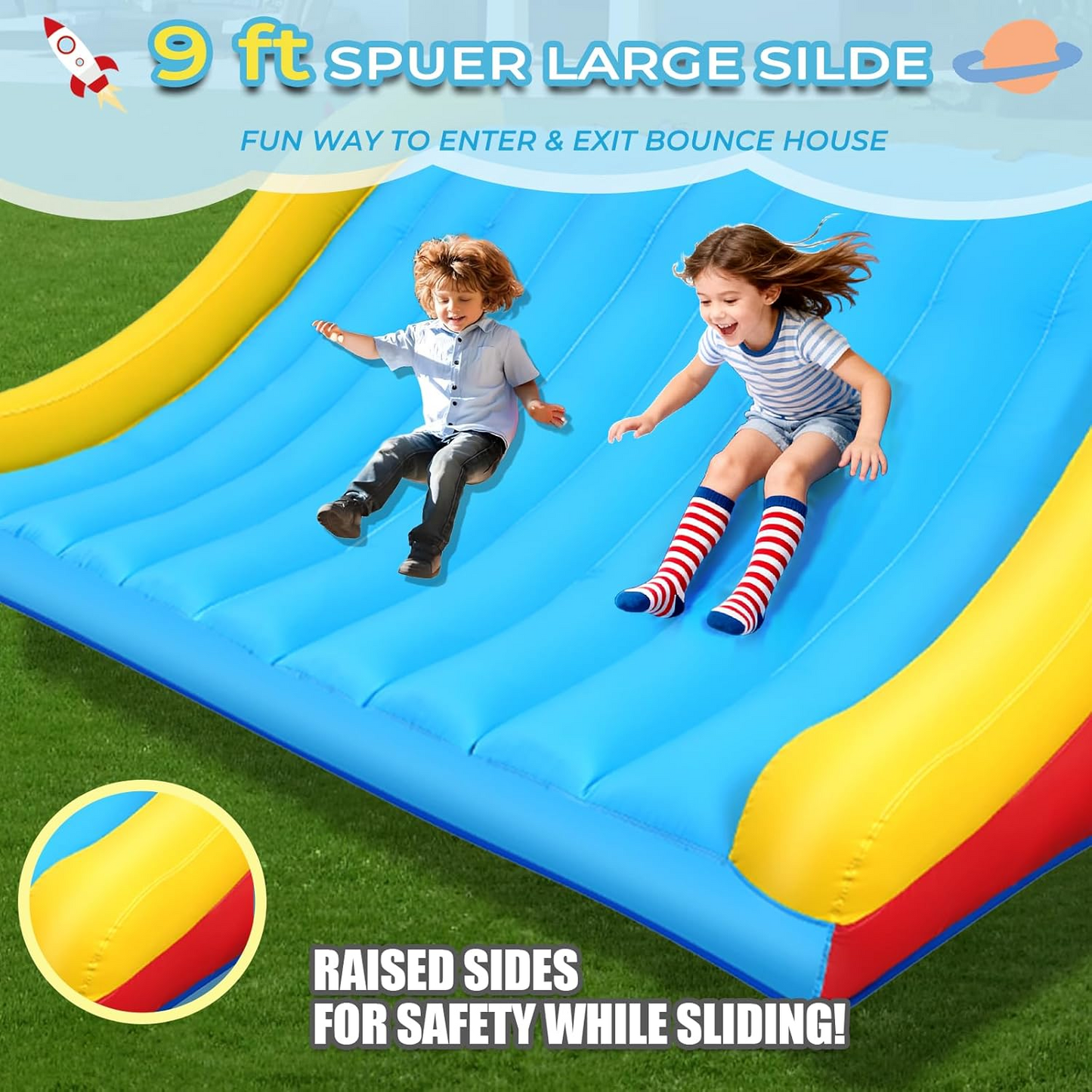 KRISRATE 13.4x13.4FT Inflatable Bounce House with Extra-Wide Slide, Space Rocket Castle Design, Obstacle Course & Blower for Indoor Outdoor Party Fun