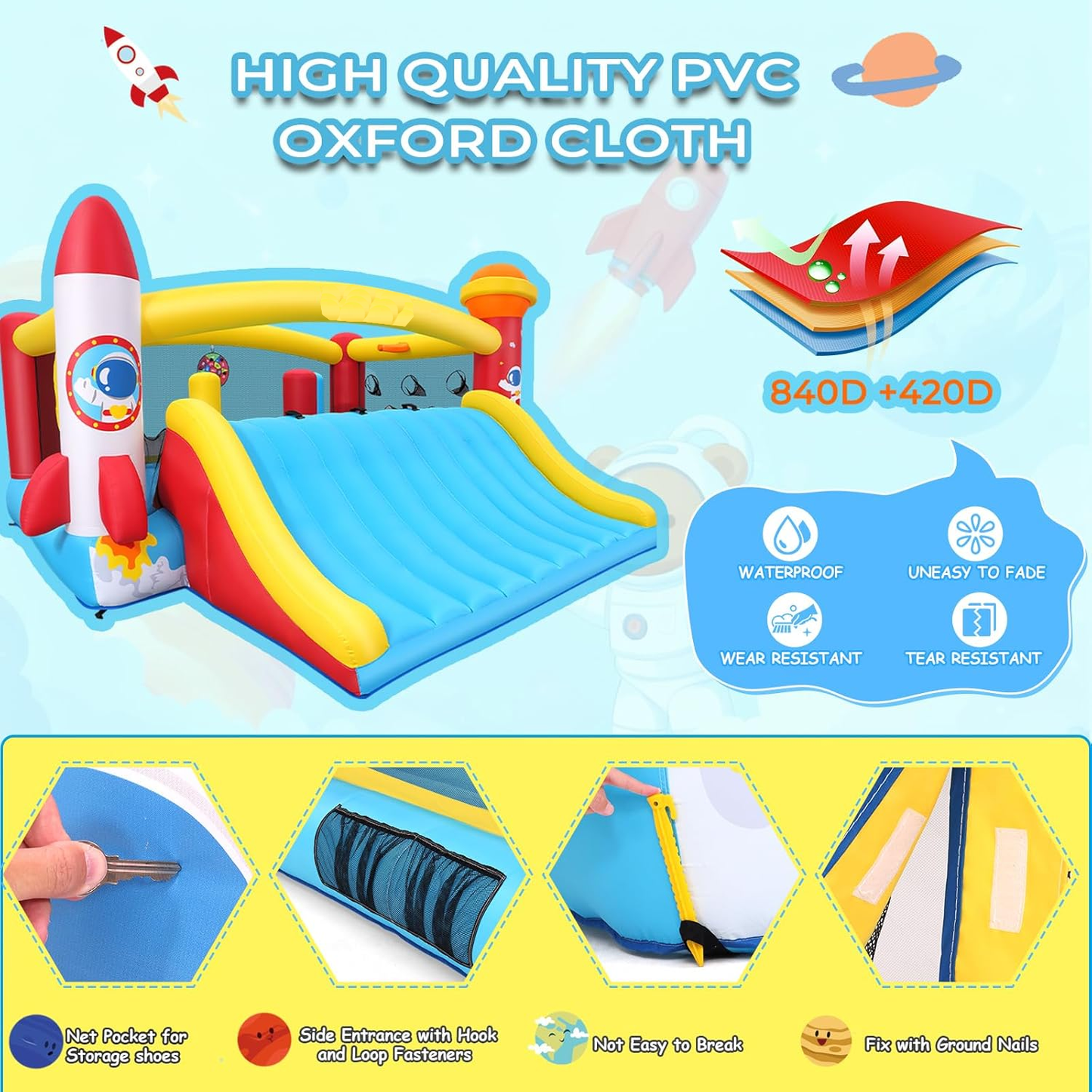 KRISRATE 13.4x13.4FT Inflatable Bounce House with Extra-Wide Slide, Space Rocket Castle Design, Obstacle Course & Blower for Indoor Outdoor Party Fun