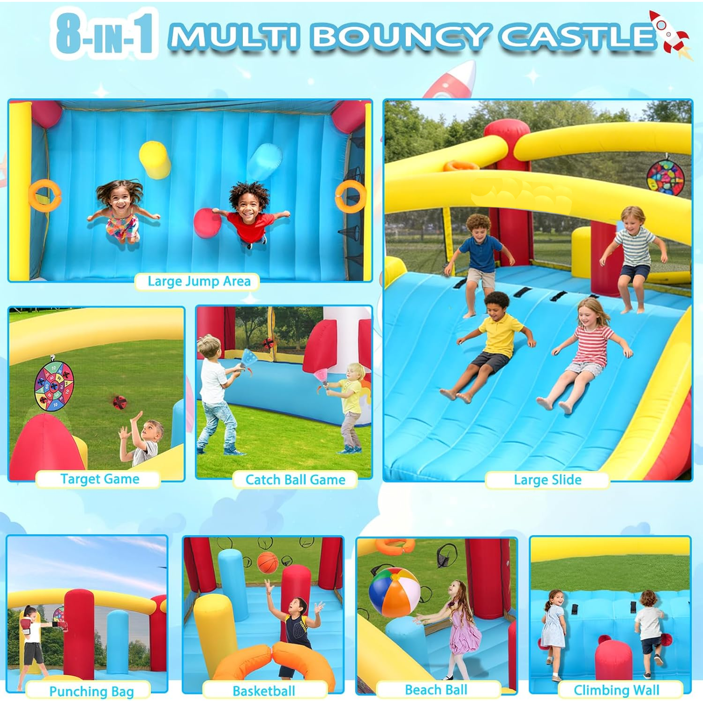 KRISRATE 13.4x13.4FT Inflatable Bounce House with Extra-Wide Slide, Space Rocket Castle Design, Obstacle Course & Blower for Indoor Outdoor Party Fun