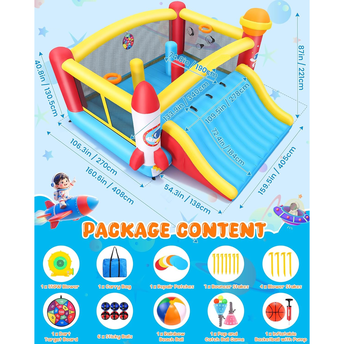 KRISRATE 13.4x13.4FT Inflatable Bounce House with Extra-Wide Slide, Space Rocket Castle Design, Obstacle Course & Blower for Indoor Outdoor Party Fun