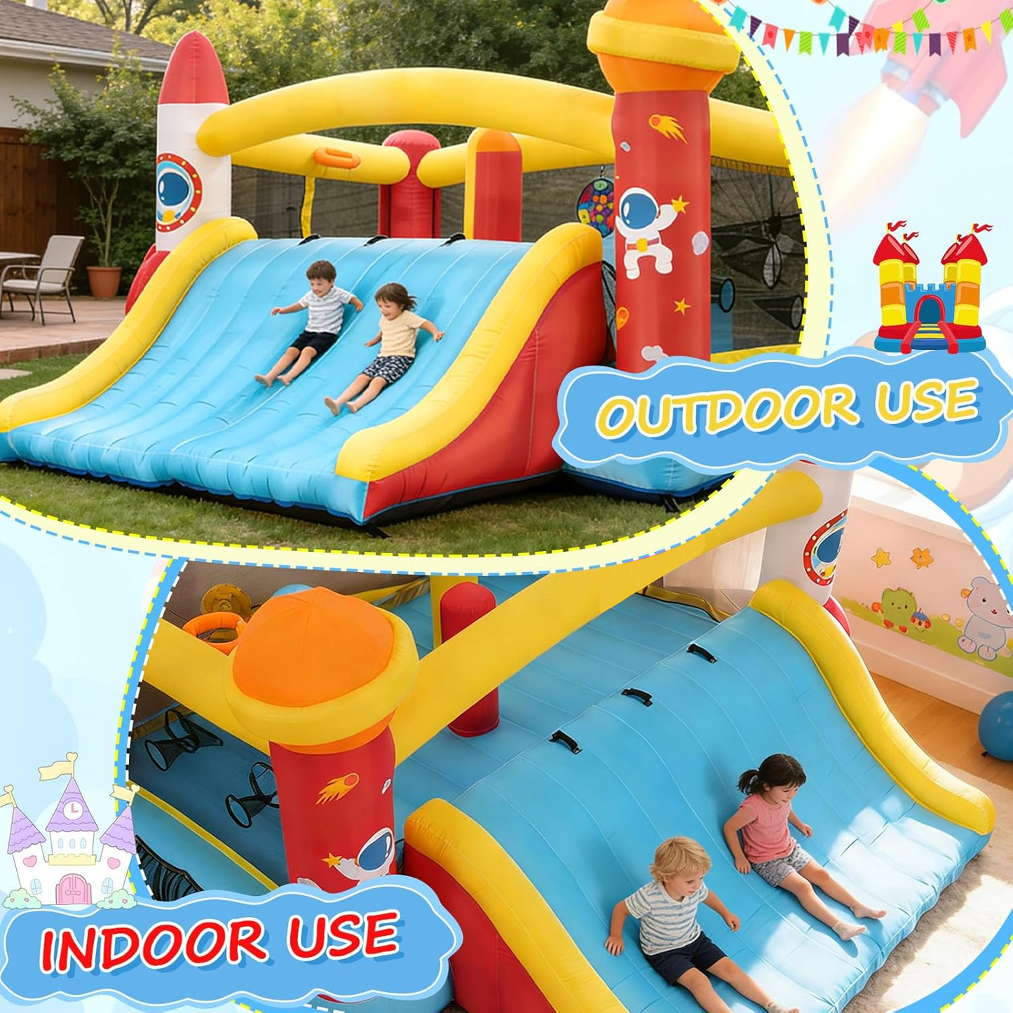 KRISRATE 13.4x13.4FT Inflatable Bounce House with Extra-Wide Slide, Space Rocket Castle Design, Obstacle Course & Blower for Indoor Outdoor Party Fun