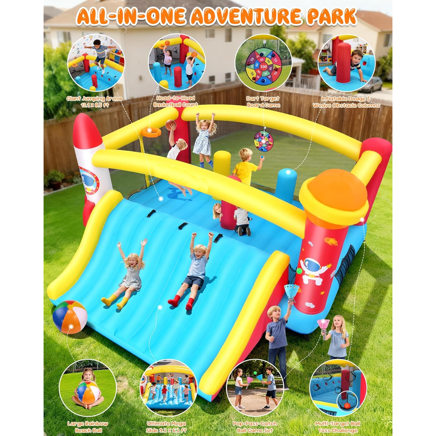 KRISRATE 13.4x13.4FT Inflatable Bounce House with Extra-Wide Slide, Space Rocket Castle Design, Obstacle Course & Blower for Indoor Outdoor Party Fun