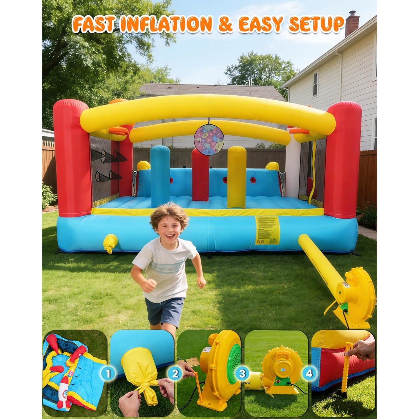KRISRATE 13.4x13.4FT Inflatable Bounce House with Extra-Wide Slide, Space Rocket Castle Design, Obstacle Course & Blower for Indoor Outdoor Party Fun
