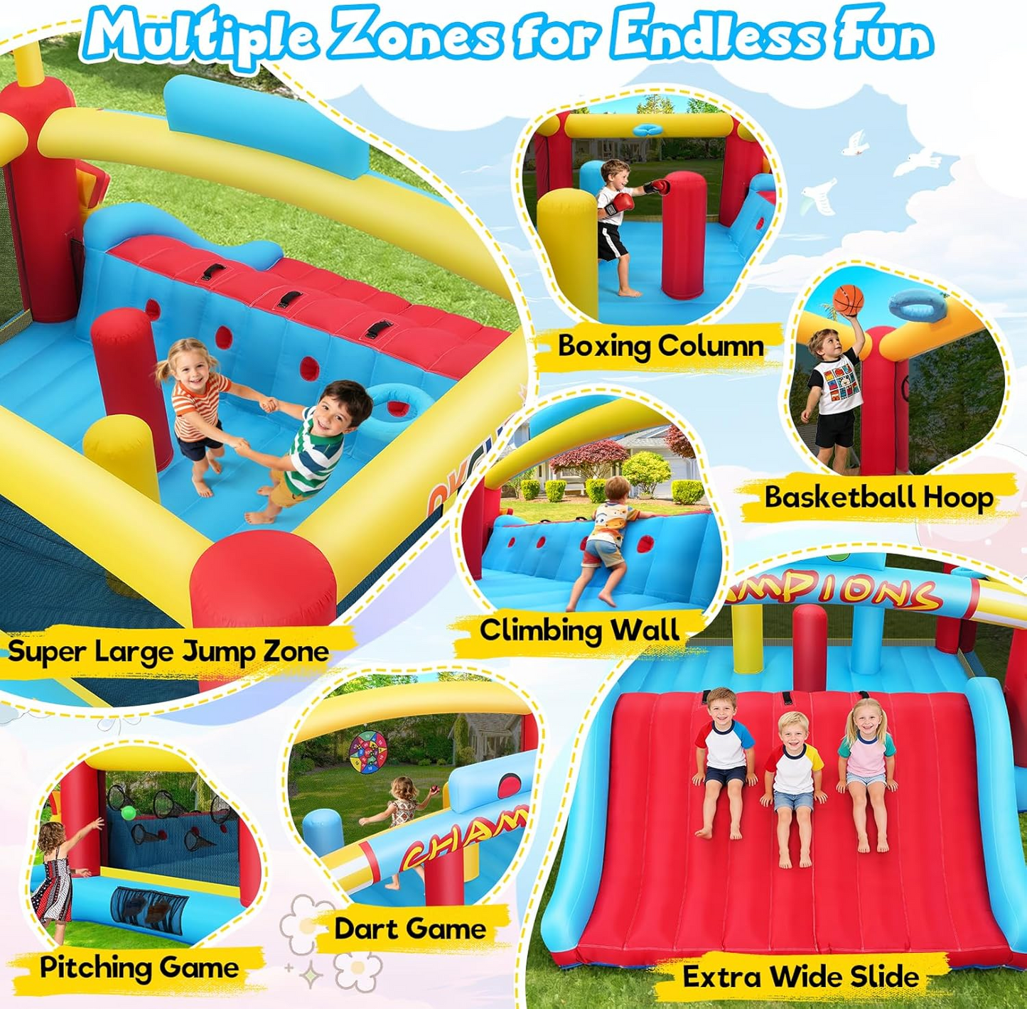 KRISRATE Extra Large Inflatable Bounce House, Giant Bouncy Castle with Wide Slide, Basketball Hoops, Obstacle Course, Target Games & 550W Blower
