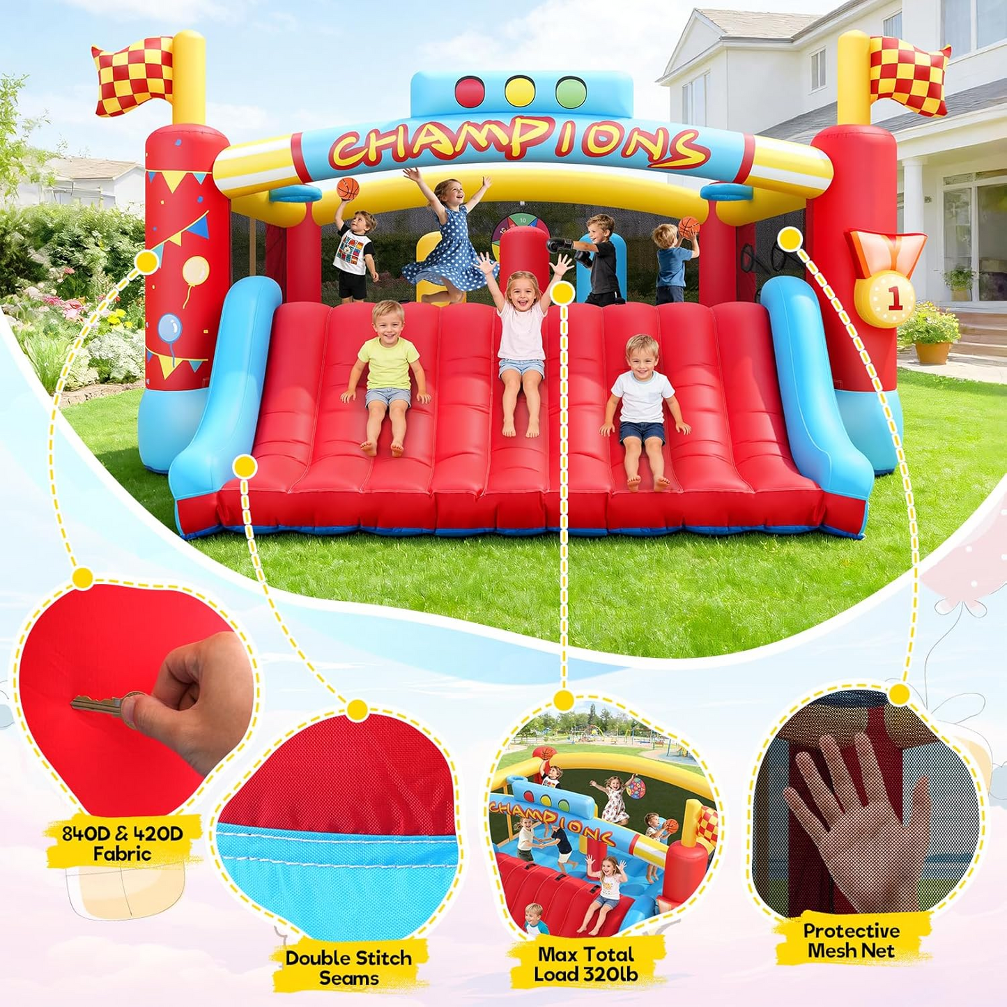 KRISRATE Extra Large Inflatable Bounce House, Giant Bouncy Castle with Wide Slide, Basketball Hoops, Obstacle Course, Target Games & 550W Blower