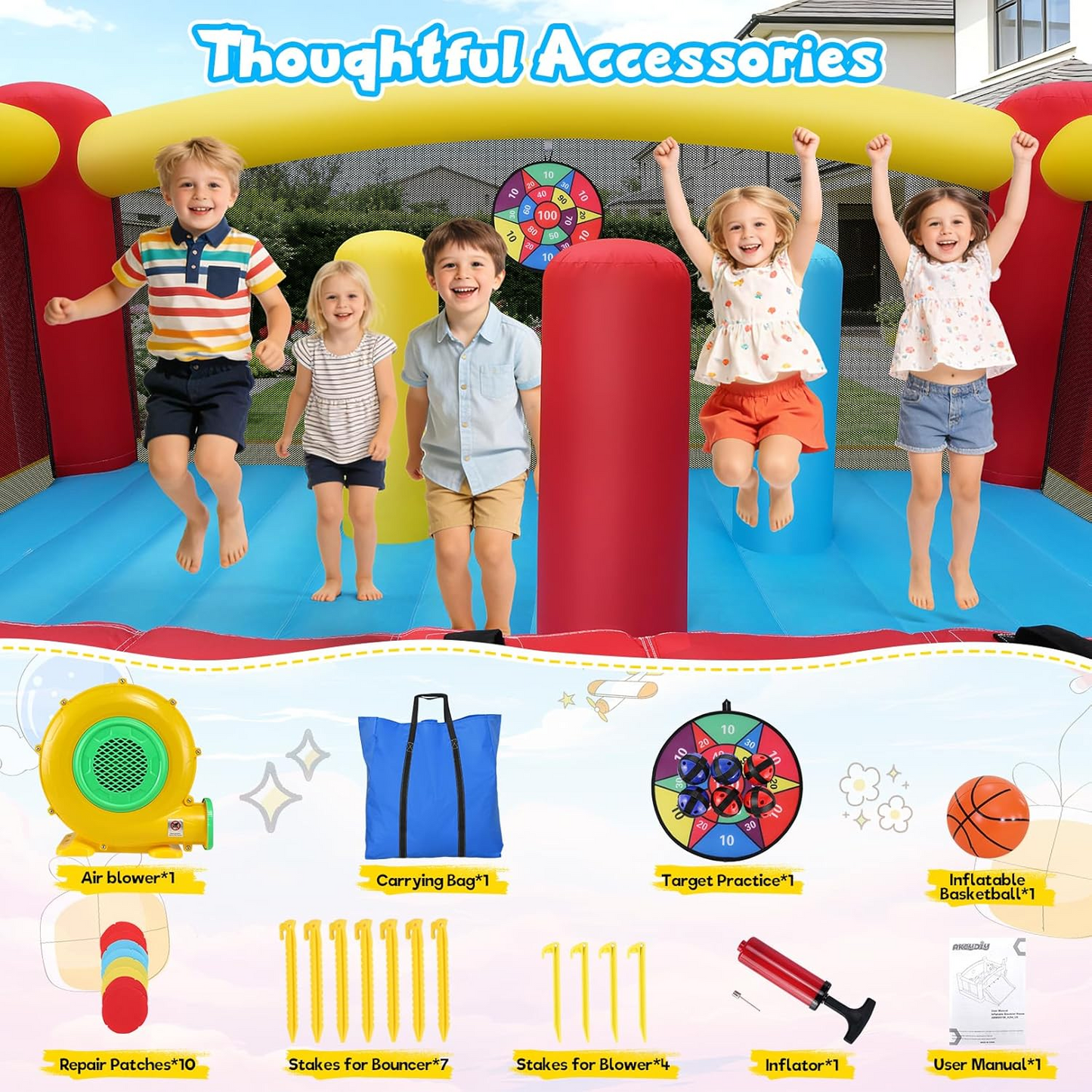 KRISRATE Extra Large Inflatable Bounce House, Giant Bouncy Castle with Wide Slide, Basketball Hoops, Obstacle Course, Target Games & 550W Blower