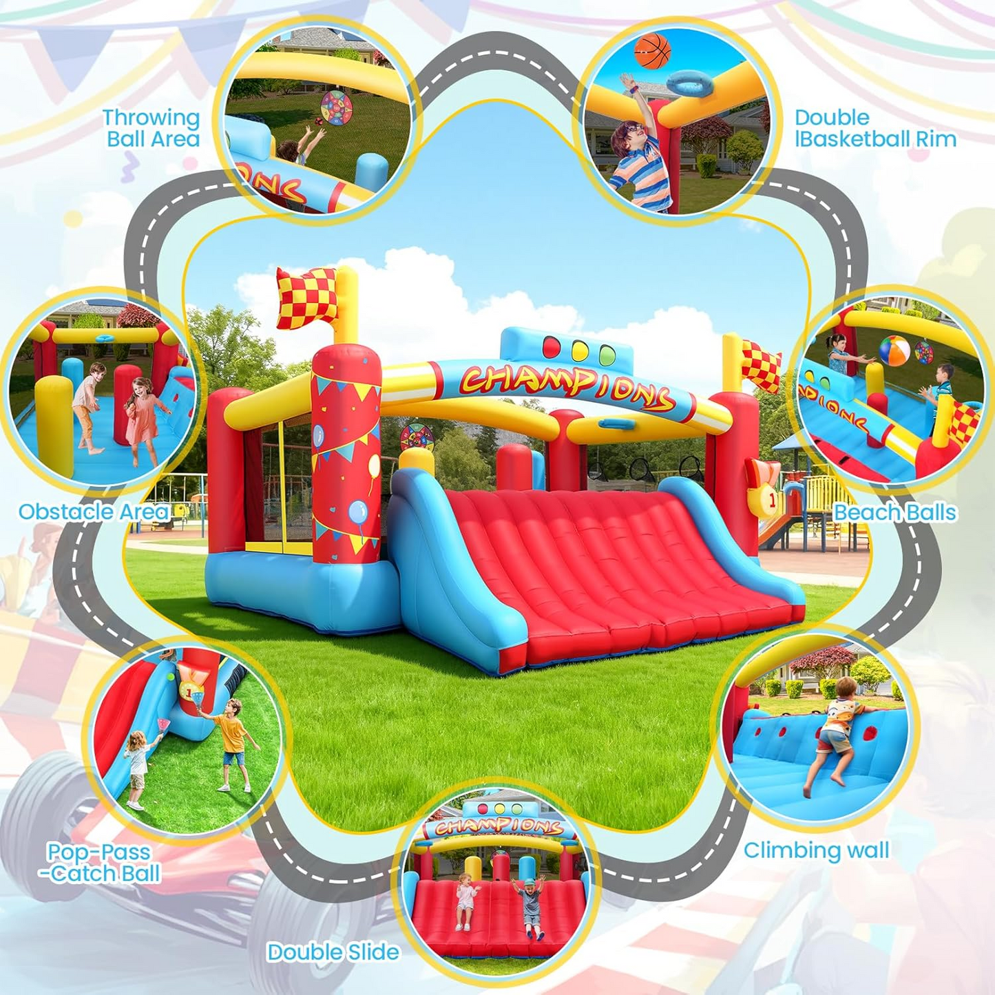 KRISRATE Extra Large Inflatable Bounce House, Giant Bouncy Castle with Wide Slide, Basketball Hoops, Obstacle Course, Target Games & 550W Blower