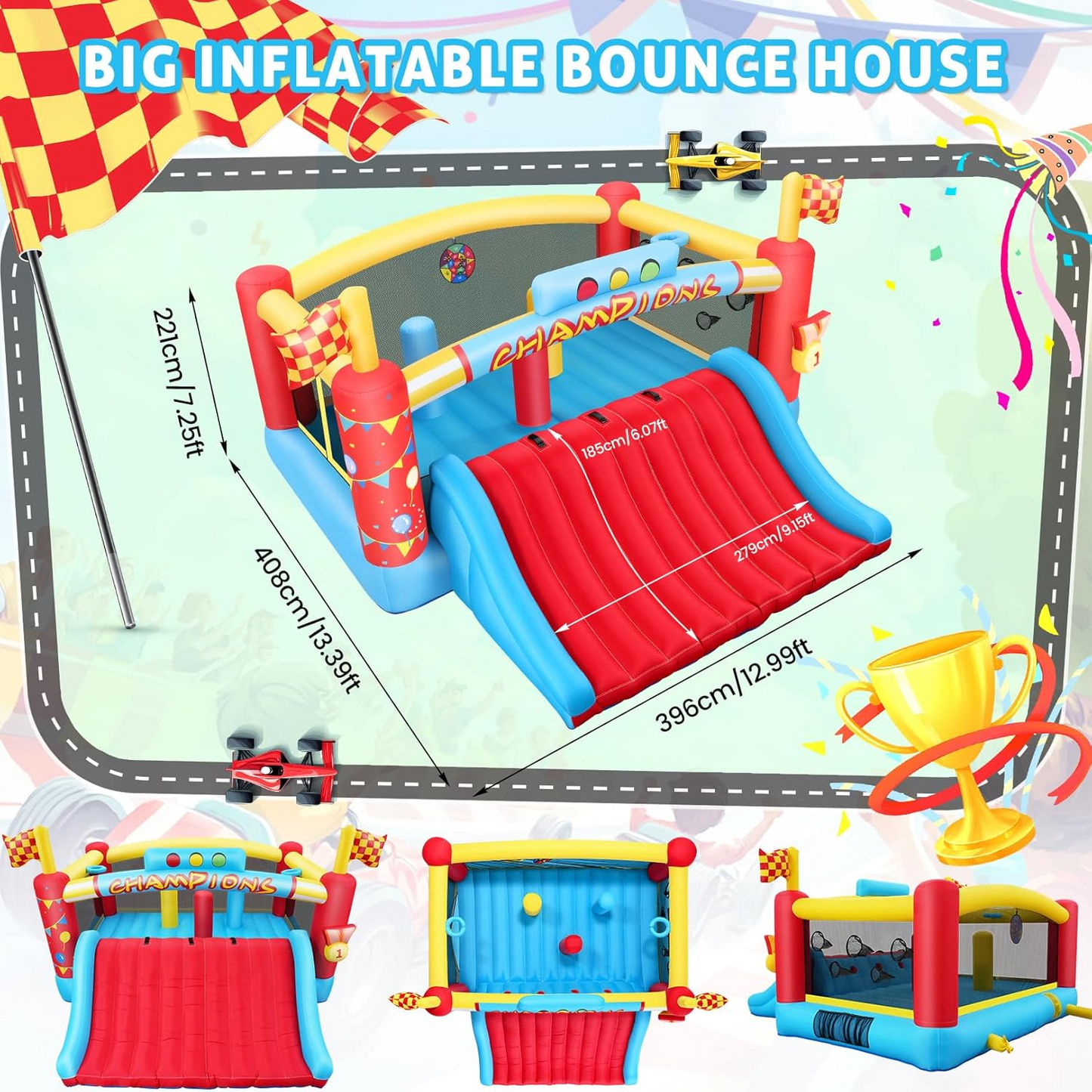 KRISRATE Extra Large Inflatable Bounce House, Giant Bouncy Castle with Wide Slide, Basketball Hoops, Obstacle Course, Target Games & 550W Blower