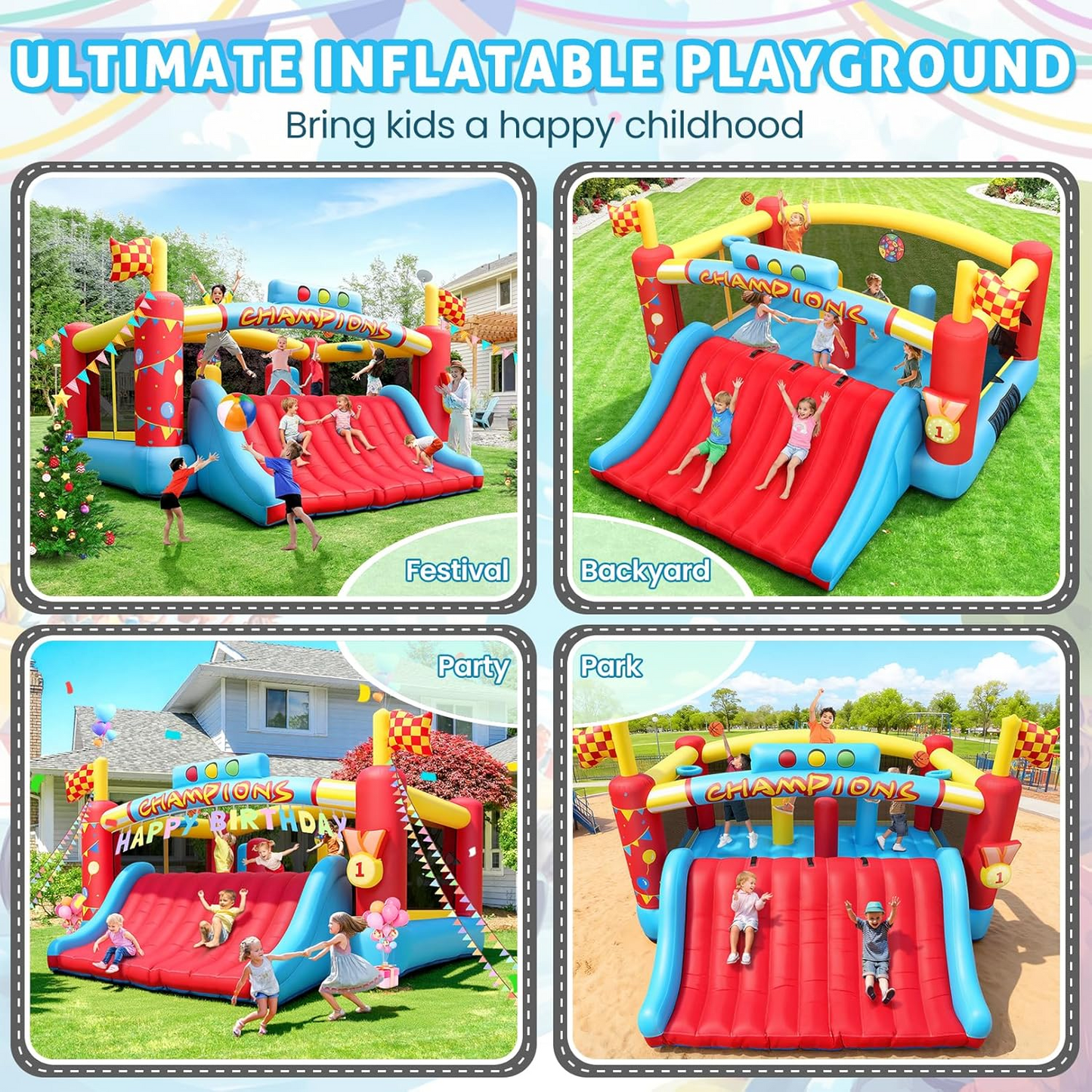 KRISRATE Extra Large Inflatable Bounce House, Giant Bouncy Castle with Wide Slide, Basketball Hoops, Obstacle Course, Target Games & 550W Blower