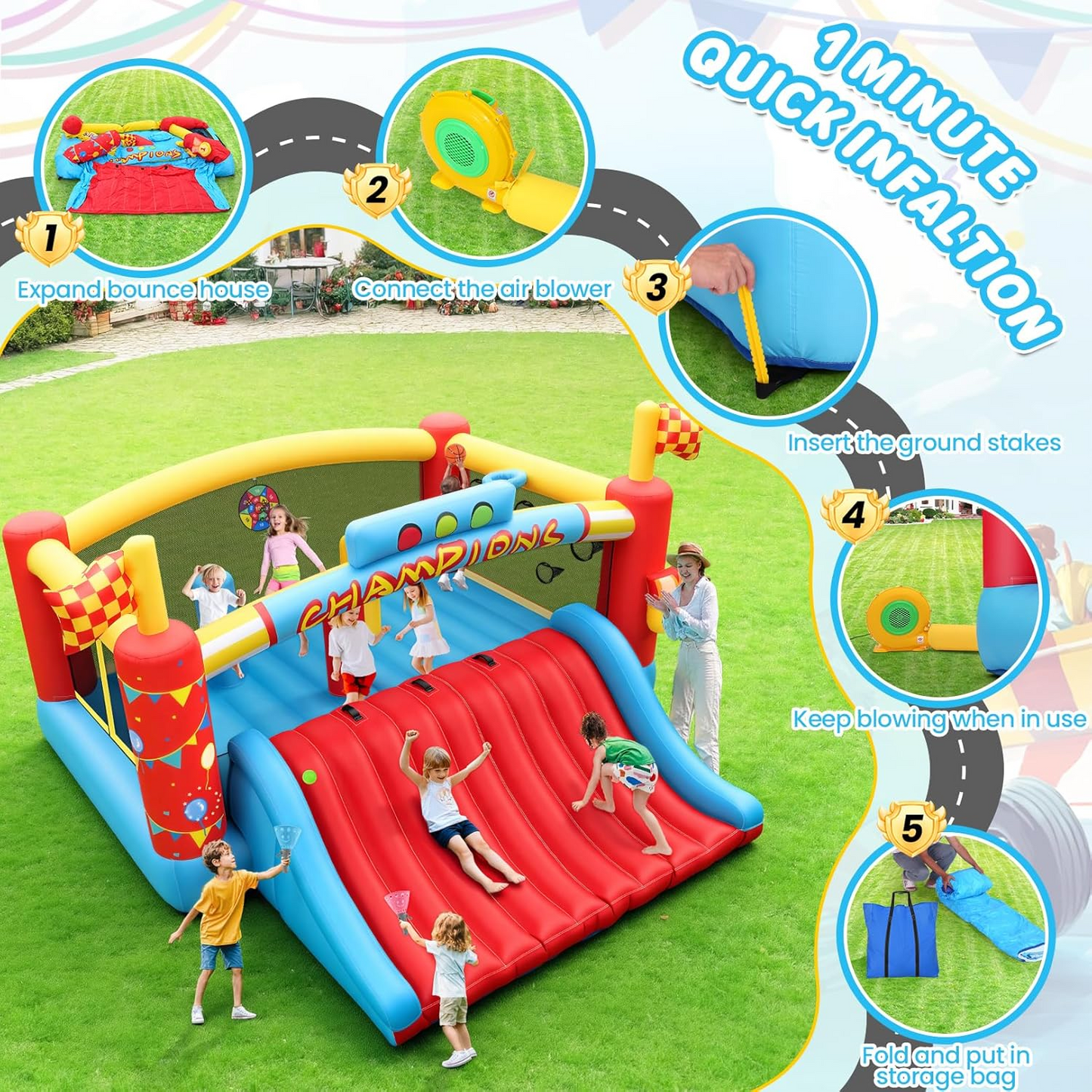 KRISRATE Extra Large Inflatable Bounce House, Giant Bouncy Castle with Wide Slide, Basketball Hoops, Obstacle Course, Target Games & 550W Blower
