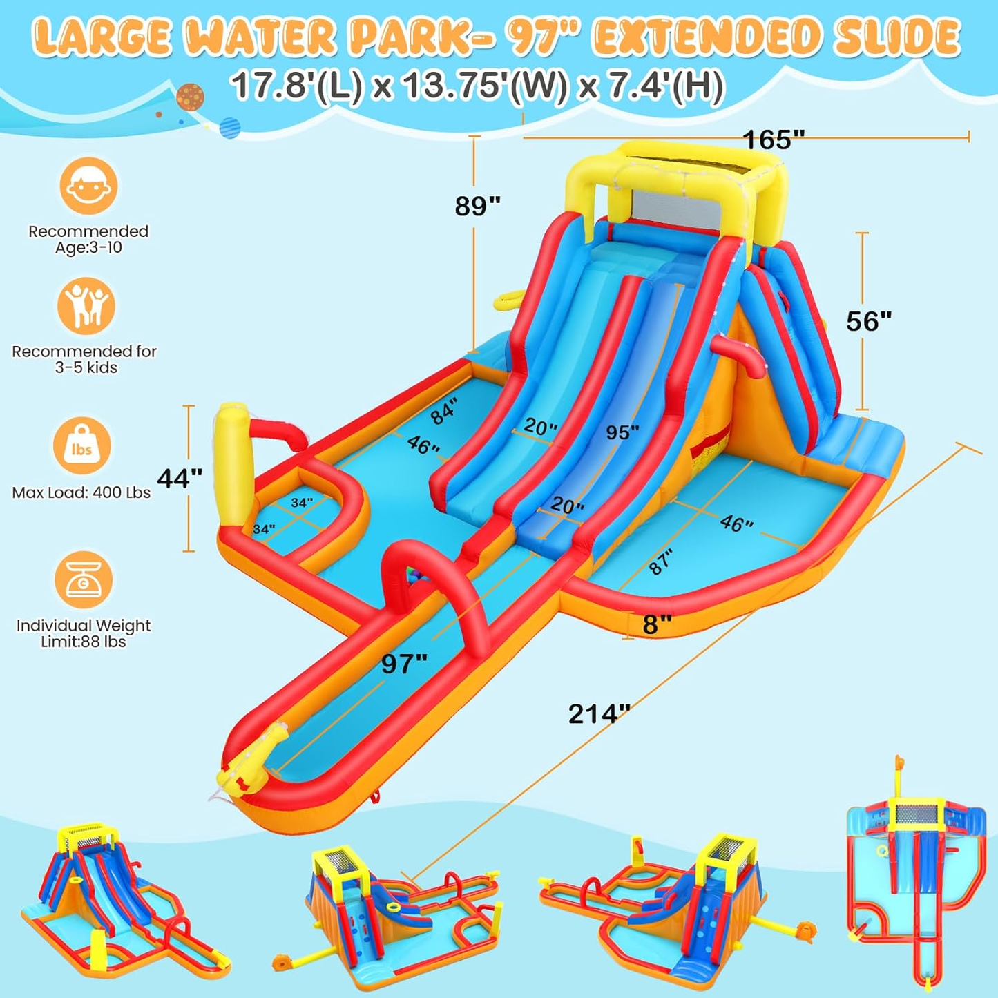 KRISRATE 18x14 Ft Extra Large Inflatable Water Slide Bounce House with Dual Slides, Splash Pool & Blower - Backyard Water Park for Kids Ages 3-12