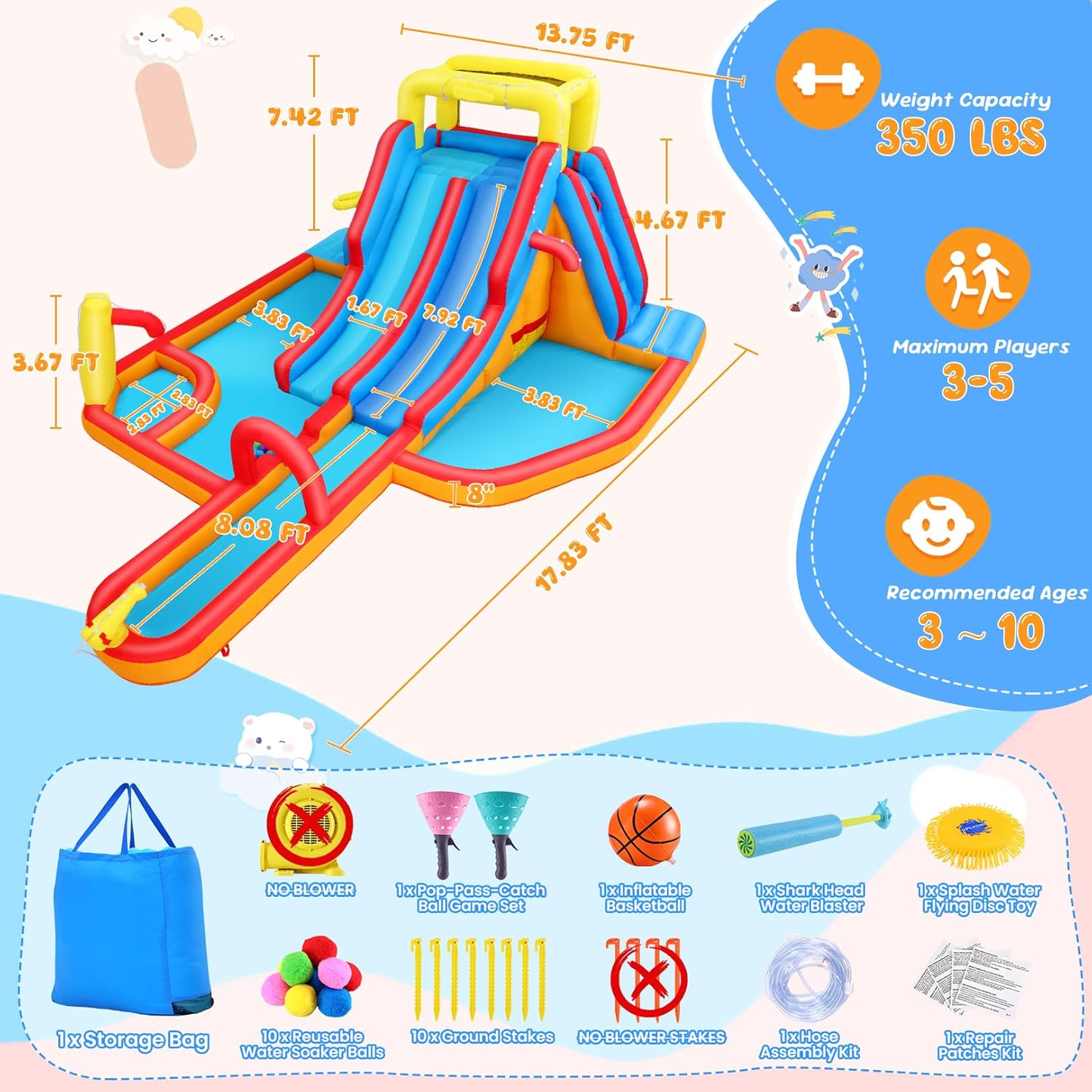 KRISRATE 18x14 Ft Extra Large Inflatable Water Slide Bounce House with Dual Slides, Splash Pool & Blower - Backyard Water Park for Kids Ages 3-12