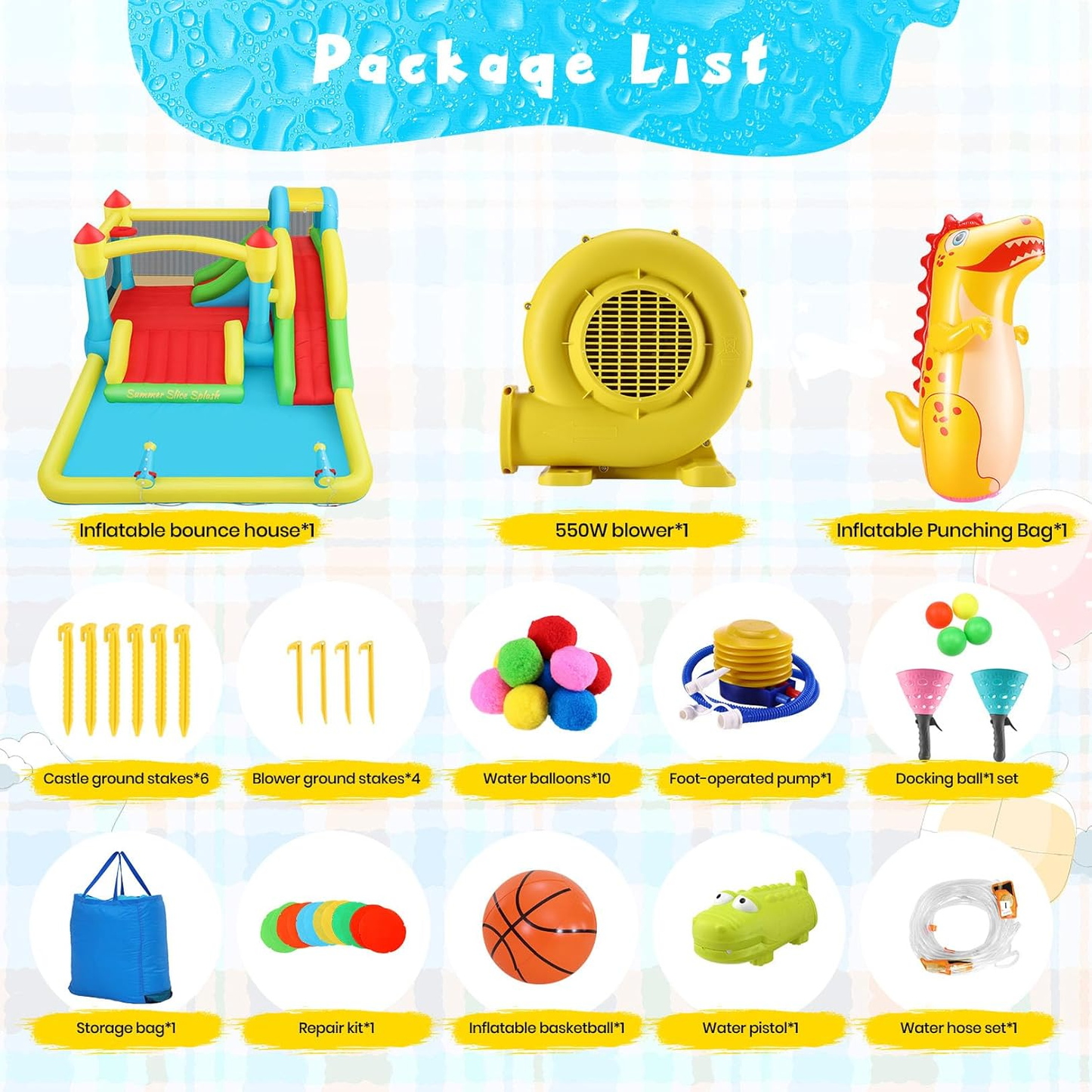 KRISRATE Inflatable Bounce House with 3 Slides, Kids Bouncy House with Splash Pool & Basketball Hoop, Wet & Dry Inflatable Water Park for Backyard