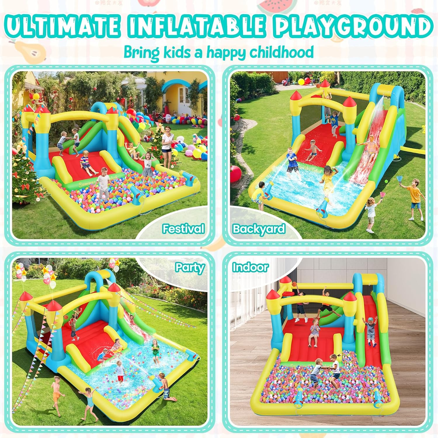 KRISRATE Inflatable Bounce House with 3 Slides, Kids Bouncy House with Splash Pool & Basketball Hoop, Wet & Dry Inflatable Water Park for Backyard