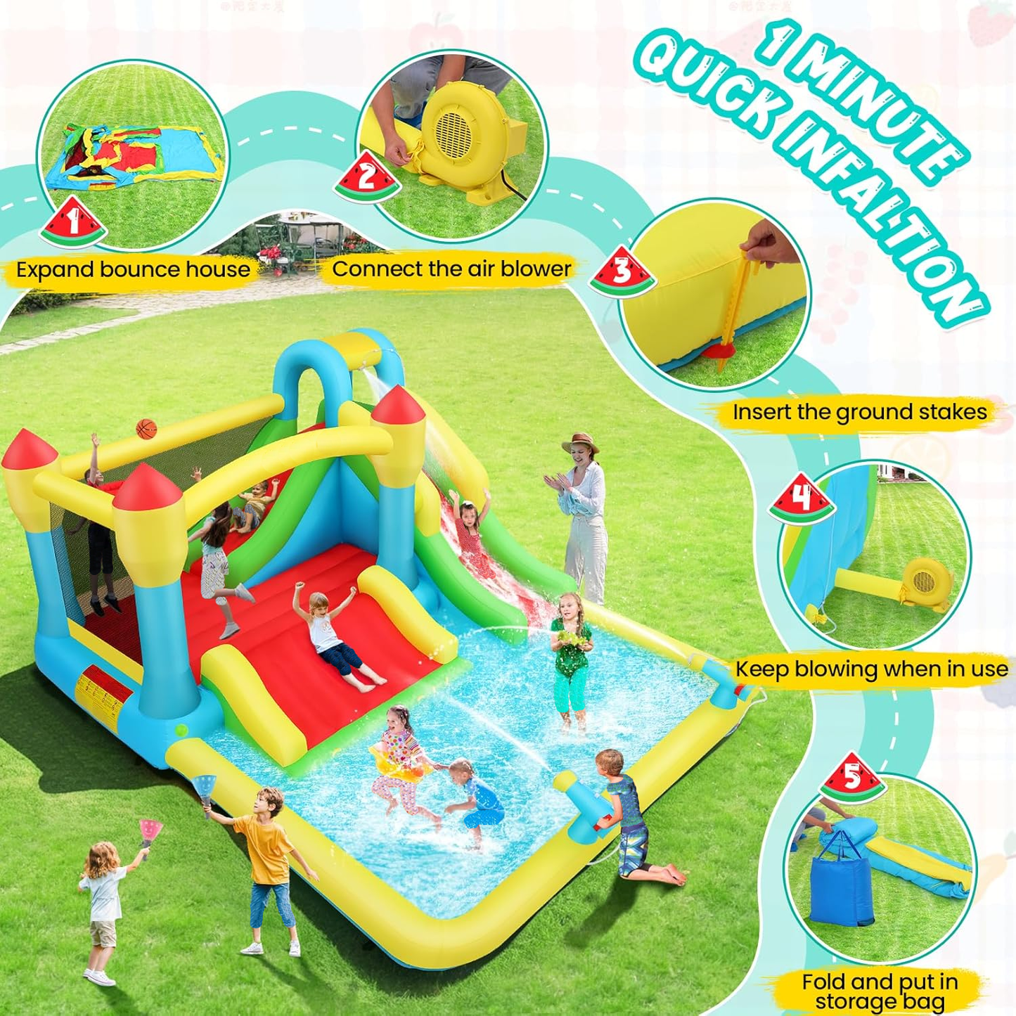 KRISRATE Inflatable Bounce House with 3 Slides, Kids Bouncy House with Splash Pool & Basketball Hoop, Wet & Dry Inflatable Water Park for Backyard