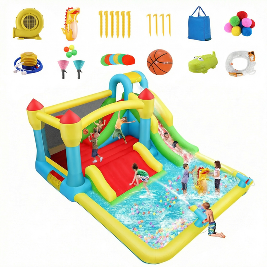 KRISRATE Inflatable Bounce House with 3 Slides, Kids Bouncy House with Splash Pool & Basketball Hoop, Wet & Dry Inflatable Water Park for Backyard