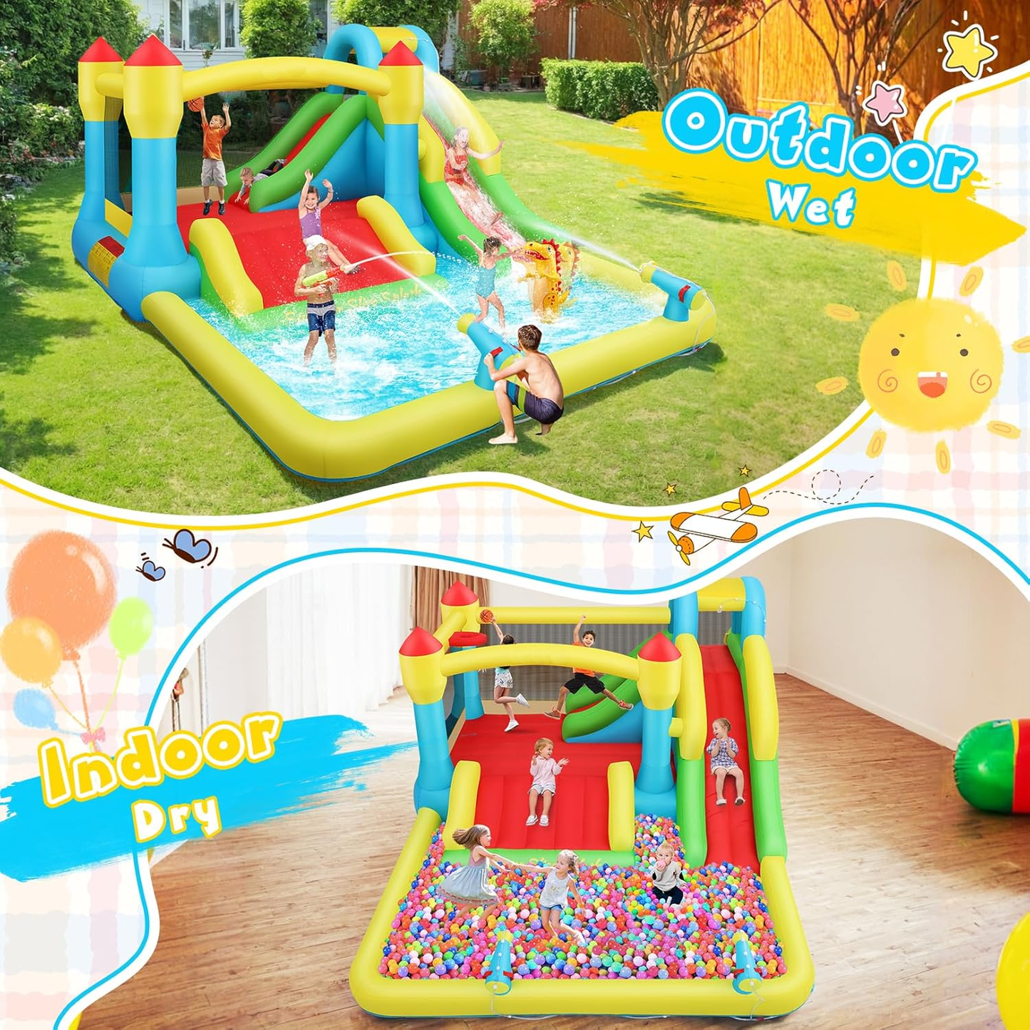 KRISRATE Inflatable Bounce House with 3 Slides, Kids Bouncy House with Splash Pool & Basketball Hoop, Wet & Dry Inflatable Water Park for Backyard
