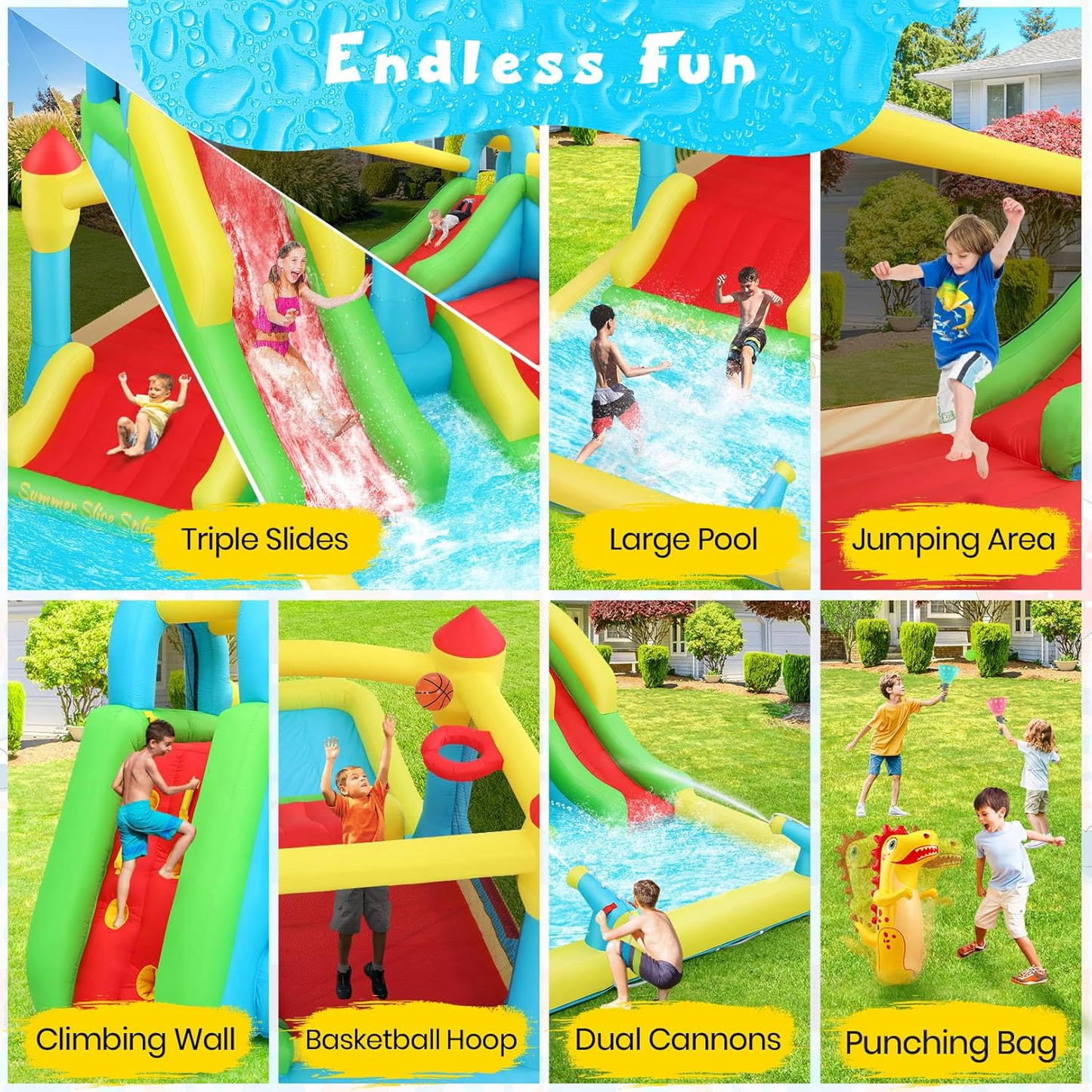 KRISRATE Inflatable Bounce House with 3 Slides, Kids Bouncy House with Splash Pool & Basketball Hoop, Wet & Dry Inflatable Water Park for Backyard