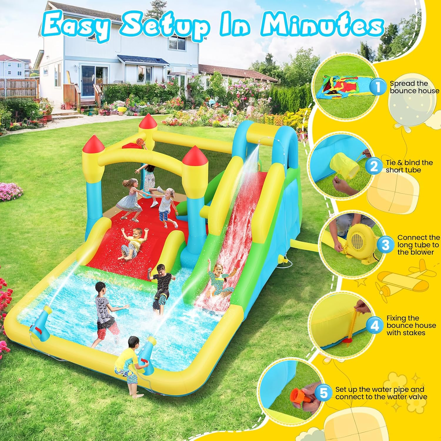 KRISRATE Inflatable Bounce House with 3 Slides, Kids Bouncy House with Splash Pool & Basketball Hoop, Wet & Dry Inflatable Water Park for Backyard