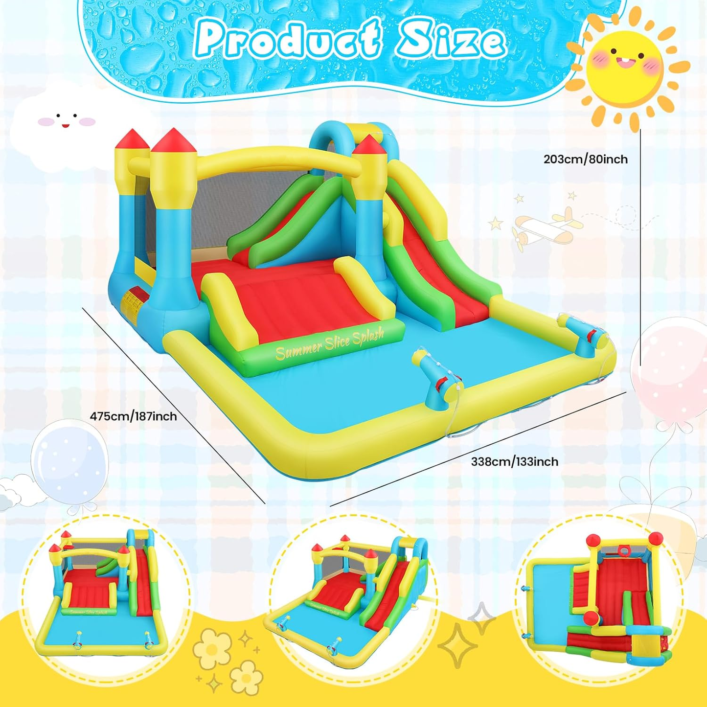 KRISRATE Inflatable Bounce House with 3 Slides, Kids Bouncy House with Splash Pool & Basketball Hoop, Wet & Dry Inflatable Water Park for Backyard