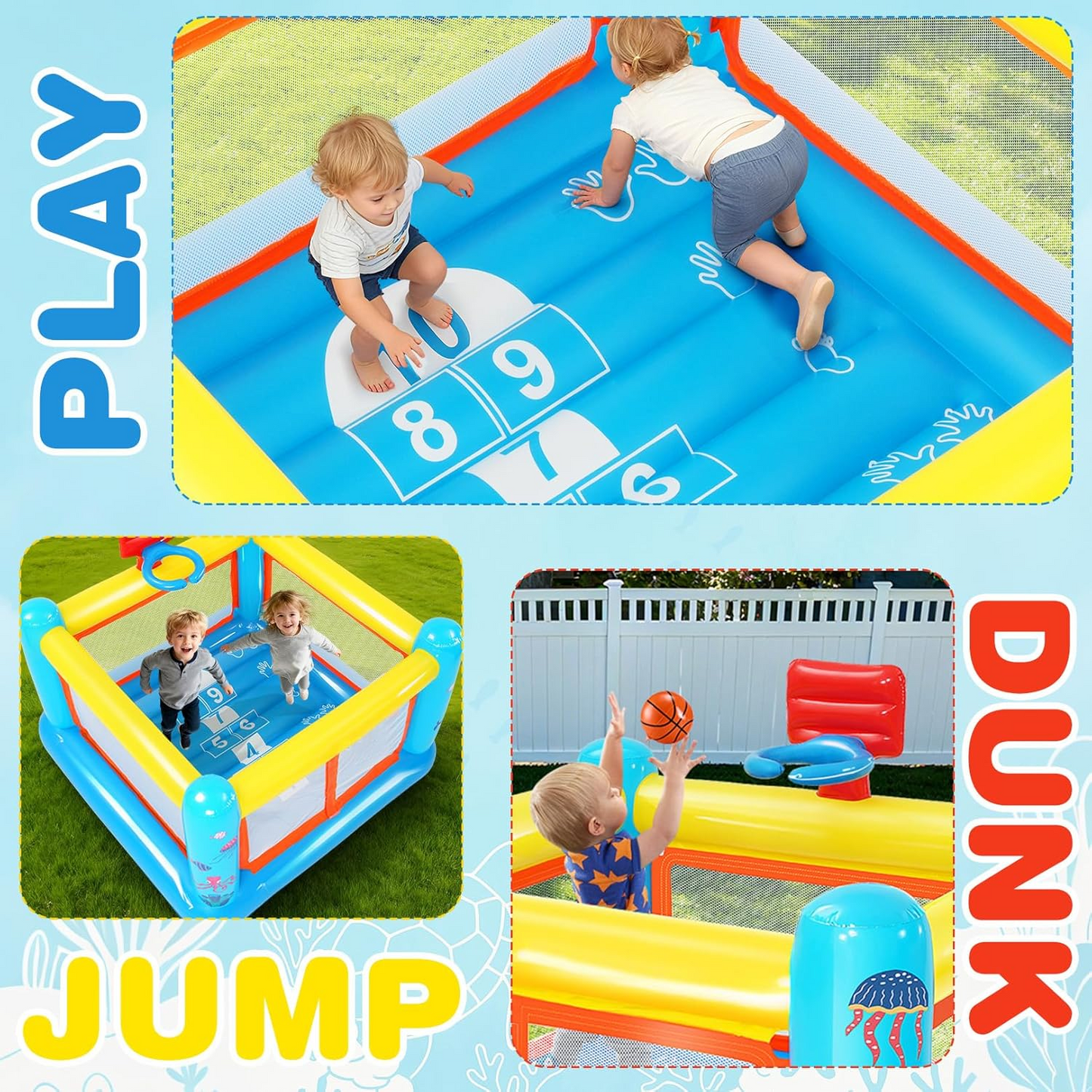 KRISRATE Inflatable Bounce House, 67.7"×67.7"×44" PVC Indoor Outdoor Bouncy Castle with Basketball Hoop, Hopscotch Game Map & Air Blower Included