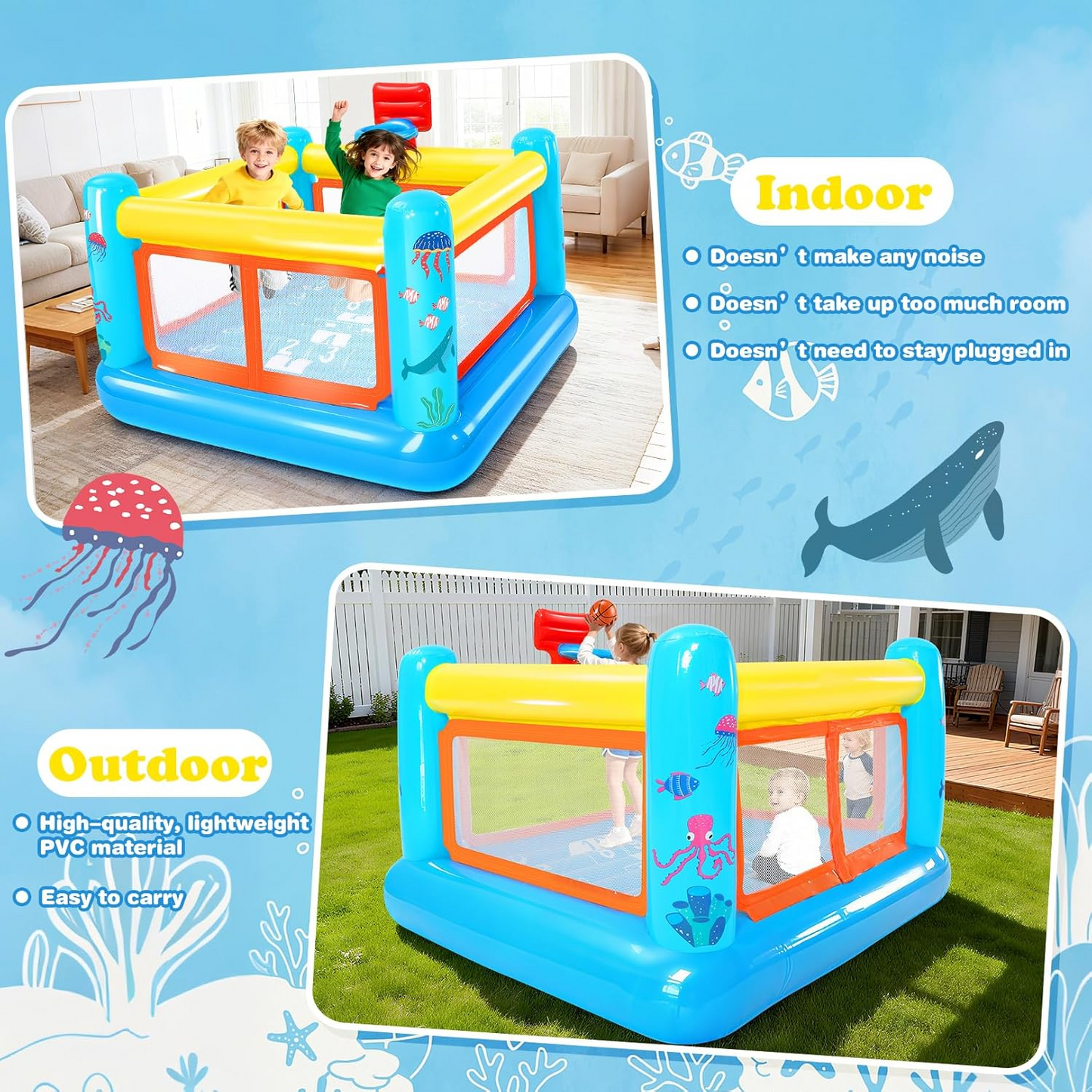 KRISRATE Inflatable Bounce House, 67.7"×67.7"×44" PVC Indoor Outdoor Bouncy Castle with Basketball Hoop, Hopscotch Game Map & Air Blower Included