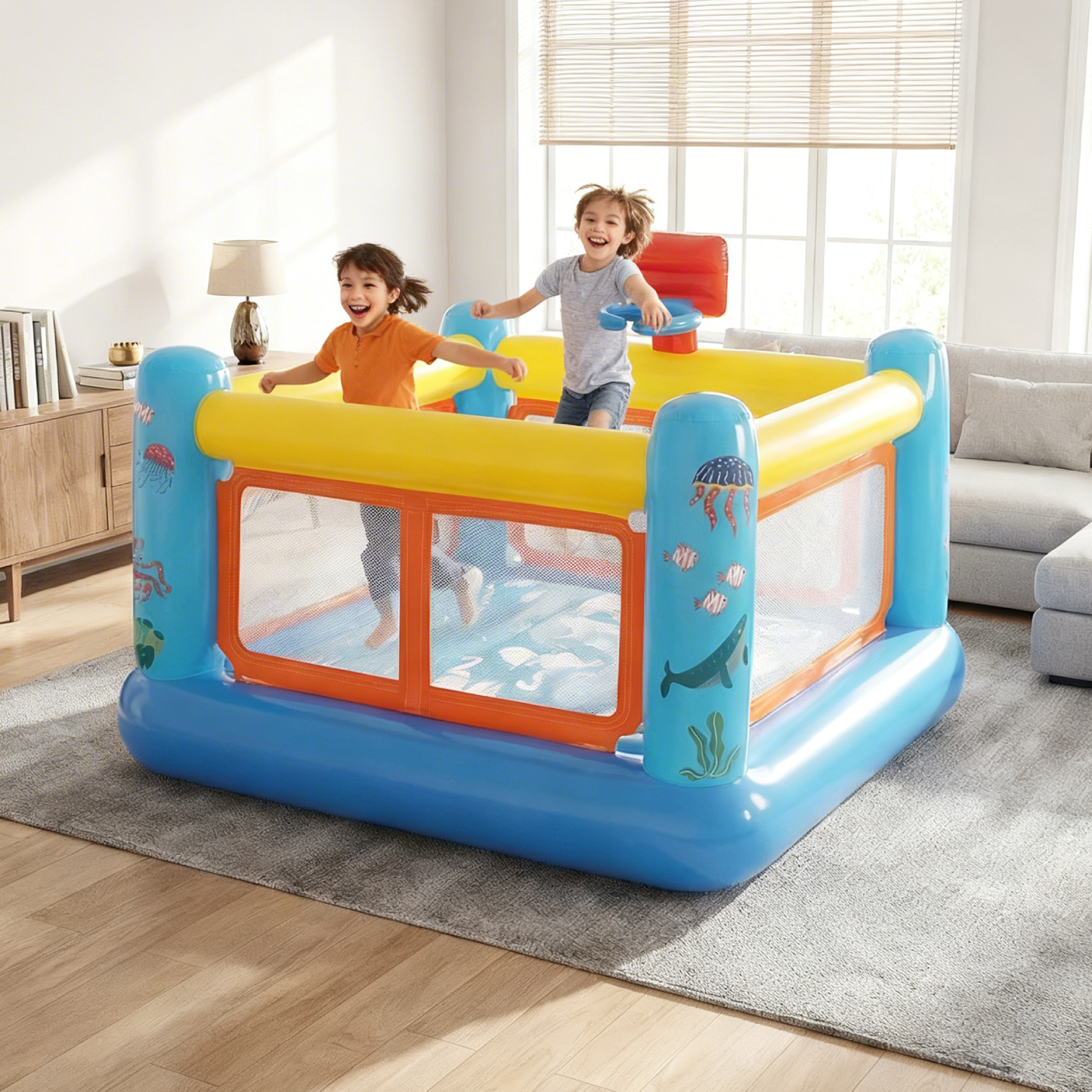 KRISRATE Inflatable Bounce House, 67.7"×67.7"×44" PVC Indoor Outdoor Bouncy Castle with Basketball Hoop, Hopscotch Game Map & Air Blower Included