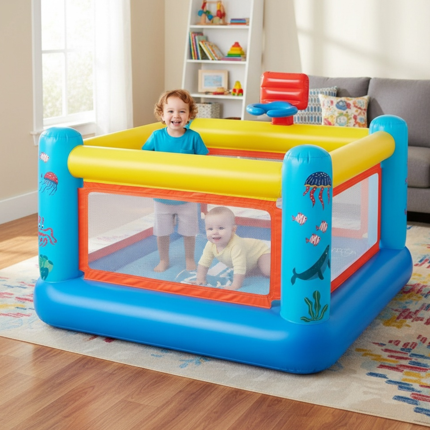 KRISRATE Inflatable Bounce House, 67.7"×67.7"×44" PVC Indoor Outdoor Bouncy Castle with Basketball Hoop, Hopscotch Game Map & Air Blower Included