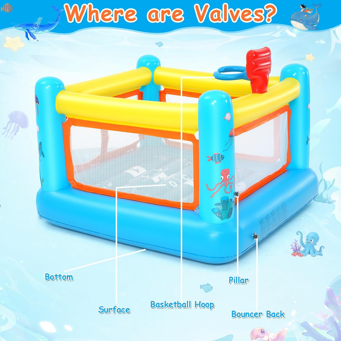 KRISRATE Inflatable Bounce House, 67.7"×67.7"×44" PVC Indoor Outdoor Bouncy Castle with Basketball Hoop, Hopscotch Game Map & Air Blower Included