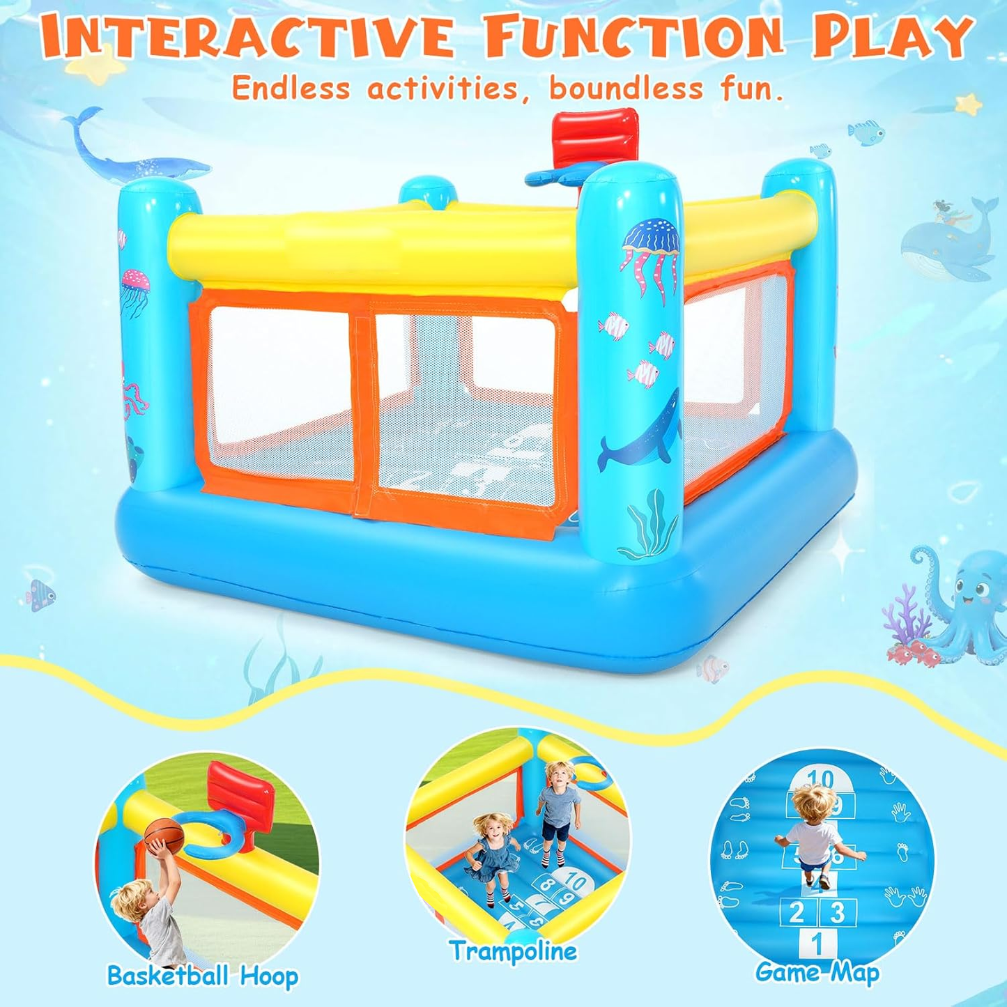 KRISRATE Inflatable Bounce House, 67.7"×67.7"×44" PVC Indoor Outdoor Bouncy Castle with Basketball Hoop, Hopscotch Game Map & Air Blower Included