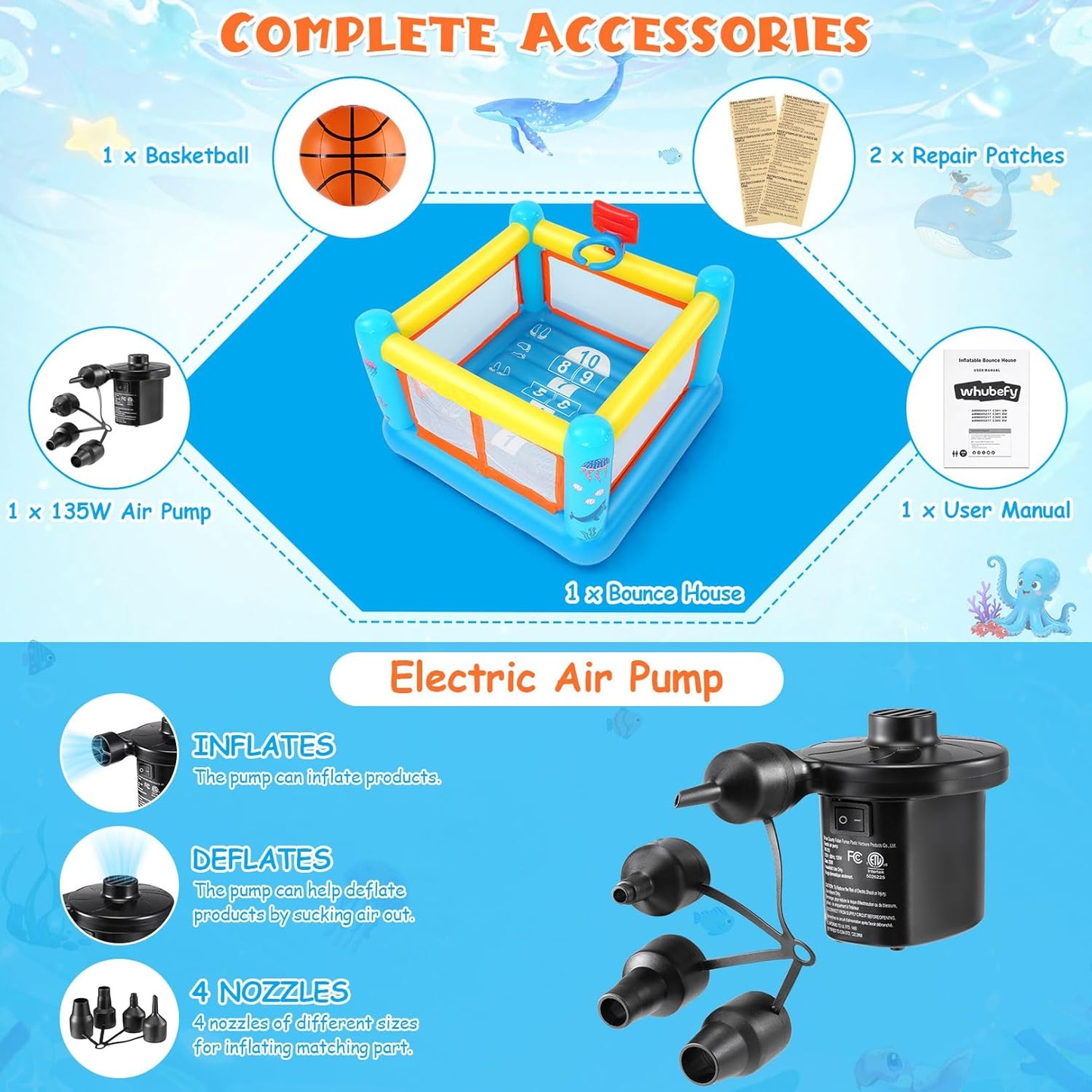 KRISRATE Inflatable Bounce House, 67.7"×67.7"×44" PVC Indoor Outdoor Bouncy Castle with Basketball Hoop, Hopscotch Game Map & Air Blower Included