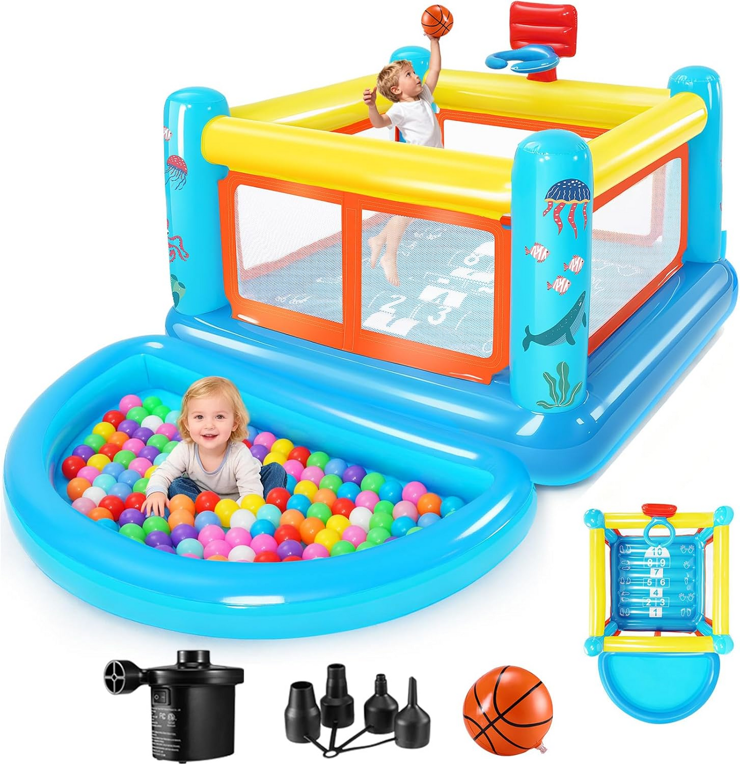 KRISRATE Inflatable Bounce House, 107"×68"×51"PVC Indoor Outdoor Bouncy Castle with Removable Ball Pit Pool, Basketball Hoop,Hopscotch Game&Air Blower