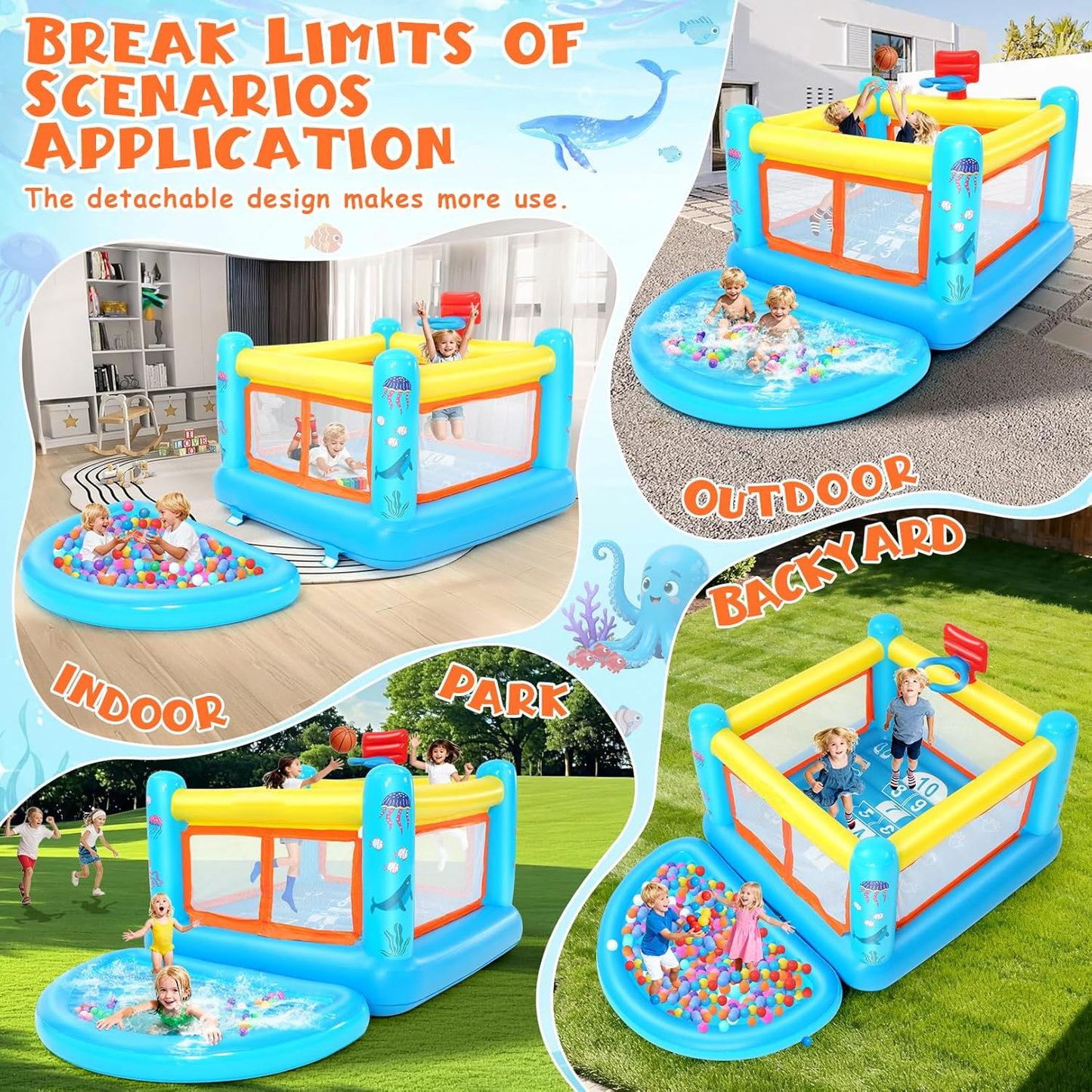 KRISRATE Inflatable Bounce House, 107"×68"×51"PVC Indoor Outdoor Bouncy Castle with Removable Ball Pit Pool, Basketball Hoop,Hopscotch Game&Air Blower