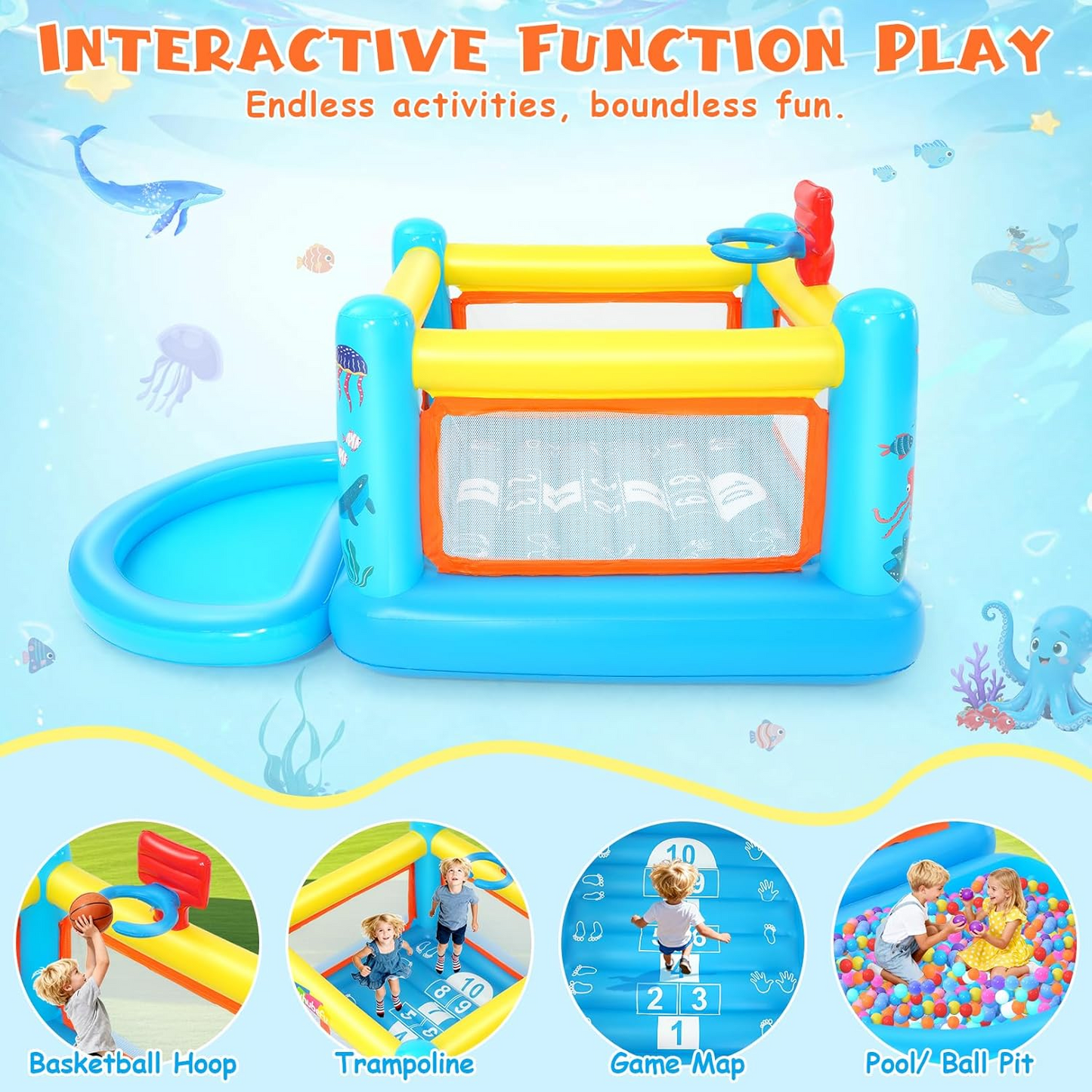 KRISRATE Inflatable Bounce House, 107"×68"×51"PVC Indoor Outdoor Bouncy Castle with Removable Ball Pit Pool, Basketball Hoop,Hopscotch Game&Air Blower