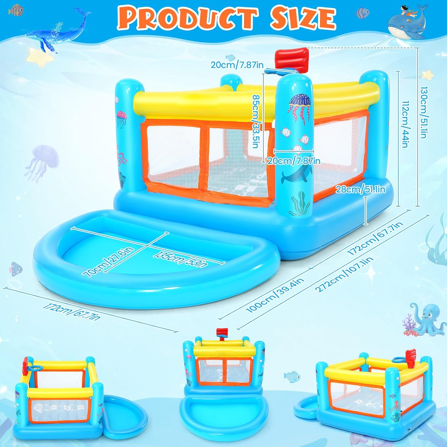 KRISRATE Inflatable Bounce House, 107"×68"×51"PVC Indoor Outdoor Bouncy Castle with Removable Ball Pit Pool, Basketball Hoop,Hopscotch Game&Air Blower