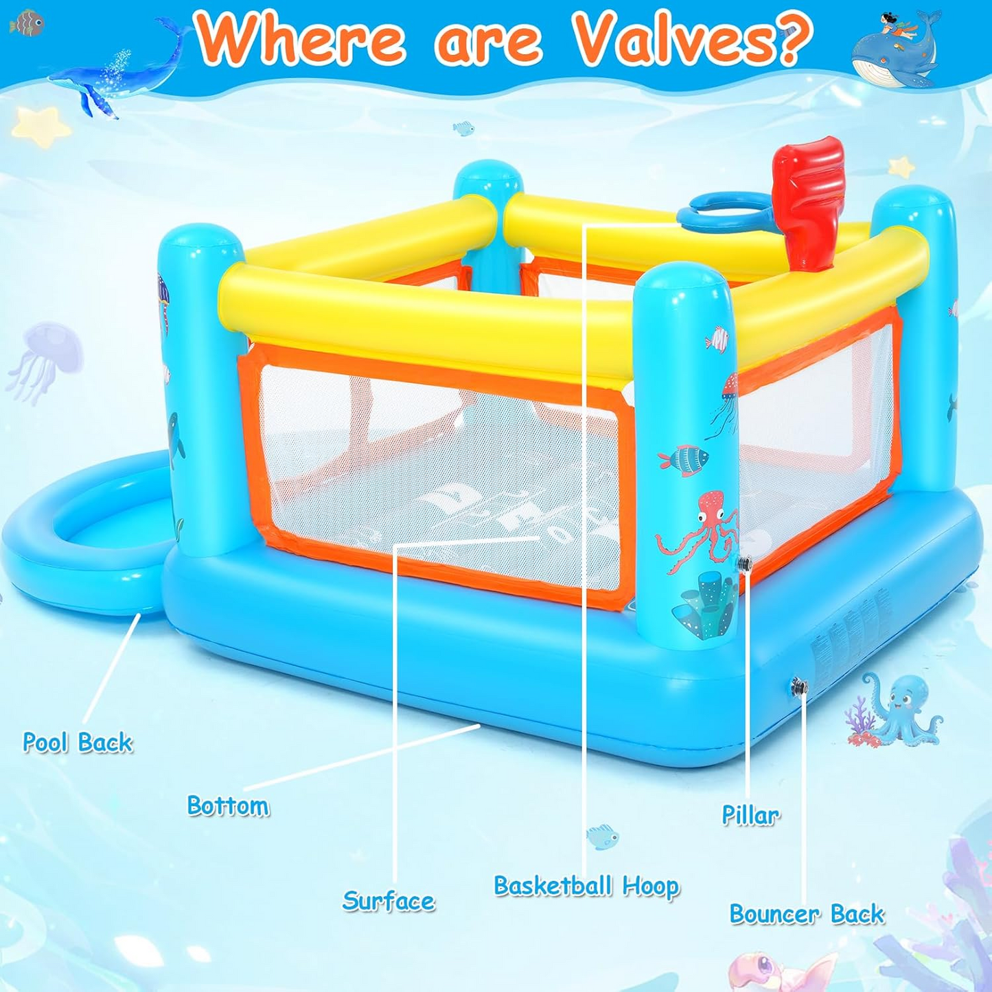 KRISRATE Inflatable Bounce House, 107"×68"×51"PVC Indoor Outdoor Bouncy Castle with Removable Ball Pit Pool, Basketball Hoop,Hopscotch Game&Air Blower