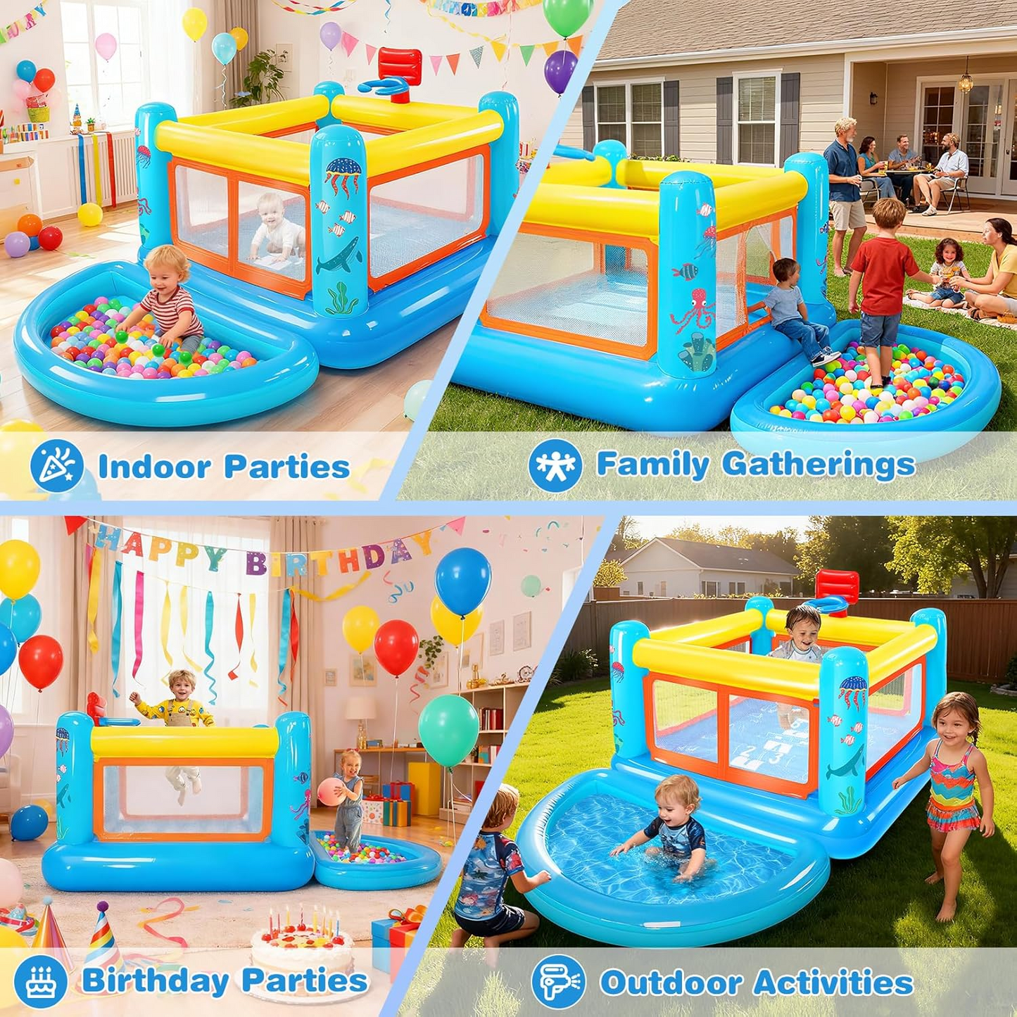 KRISRATE Inflatable Bounce House, 107"×68"×51"PVC Indoor Outdoor Bouncy Castle with Removable Ball Pit Pool, Basketball Hoop,Hopscotch Game&Air Blower