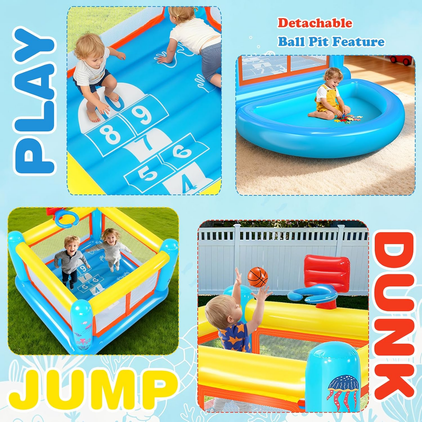 KRISRATE Inflatable Bounce House, 107"×68"×51"PVC Indoor Outdoor Bouncy Castle with Removable Ball Pit Pool, Basketball Hoop,Hopscotch Game&Air Blower