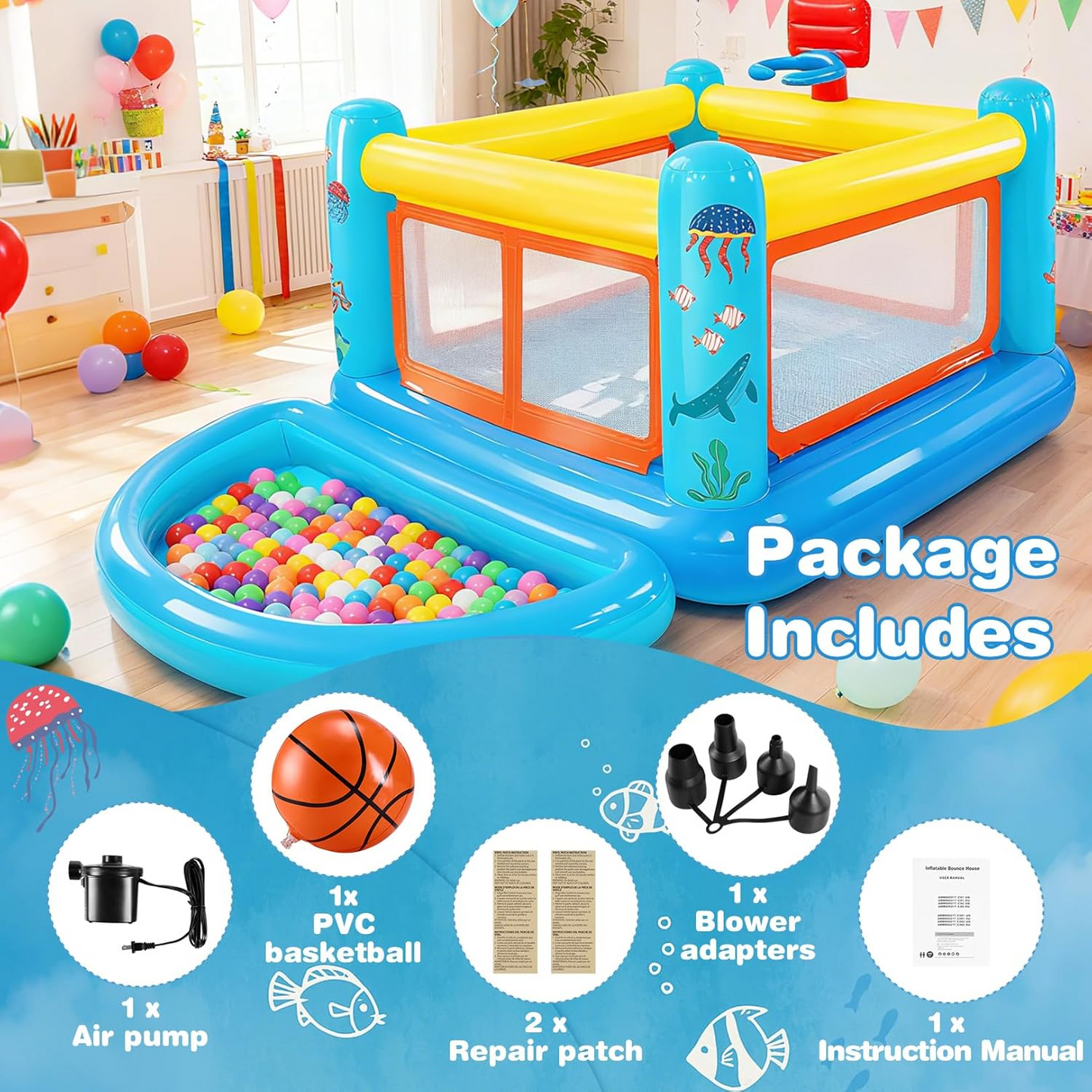 KRISRATE Inflatable Bounce House, 107"×68"×51"PVC Indoor Outdoor Bouncy Castle with Removable Ball Pit Pool, Basketball Hoop,Hopscotch Game&Air Blower
